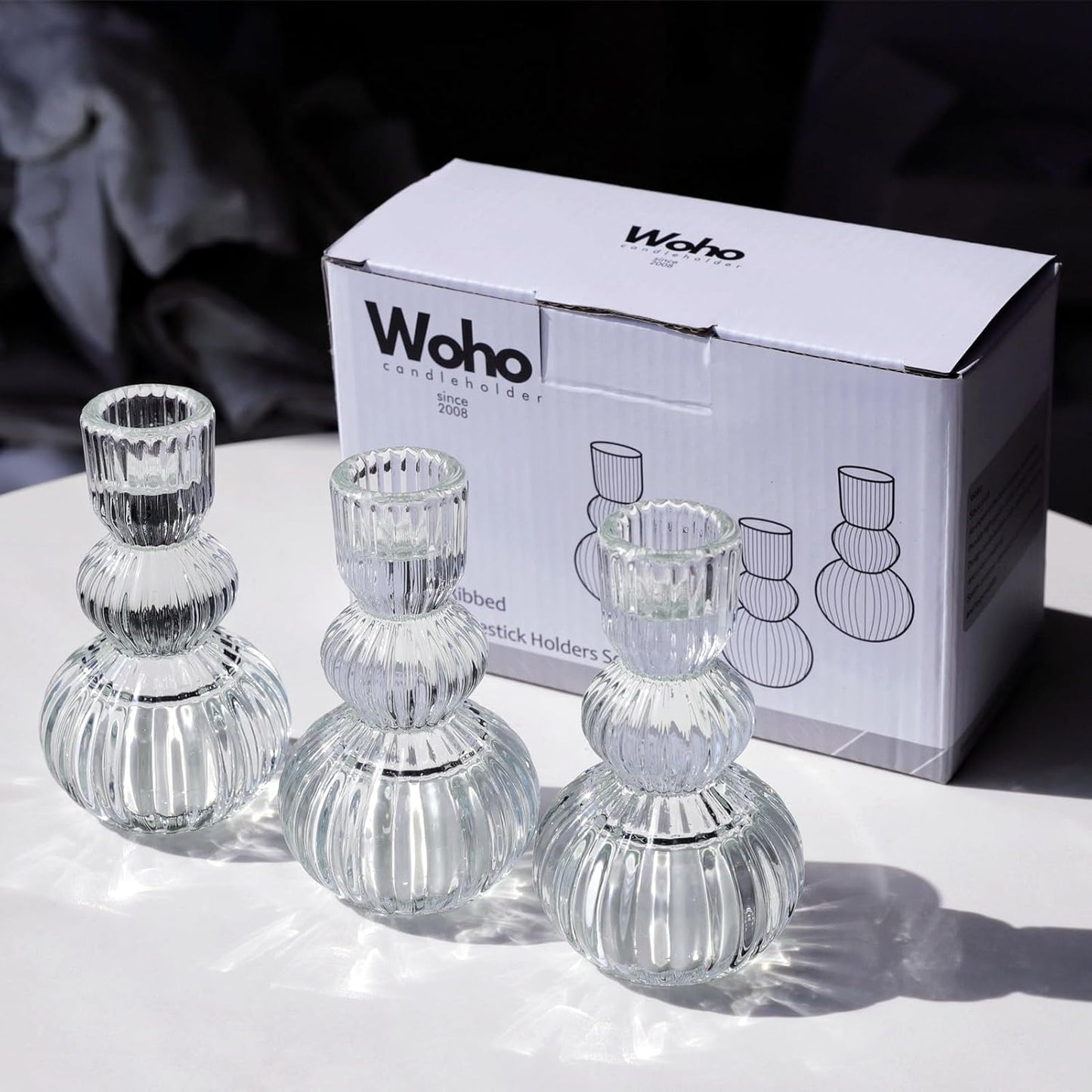 Clear Ribbed Glass Candlestick Holders — Soft Candlelight Table Accent Set of 6 for Calm Evening Atmosphere