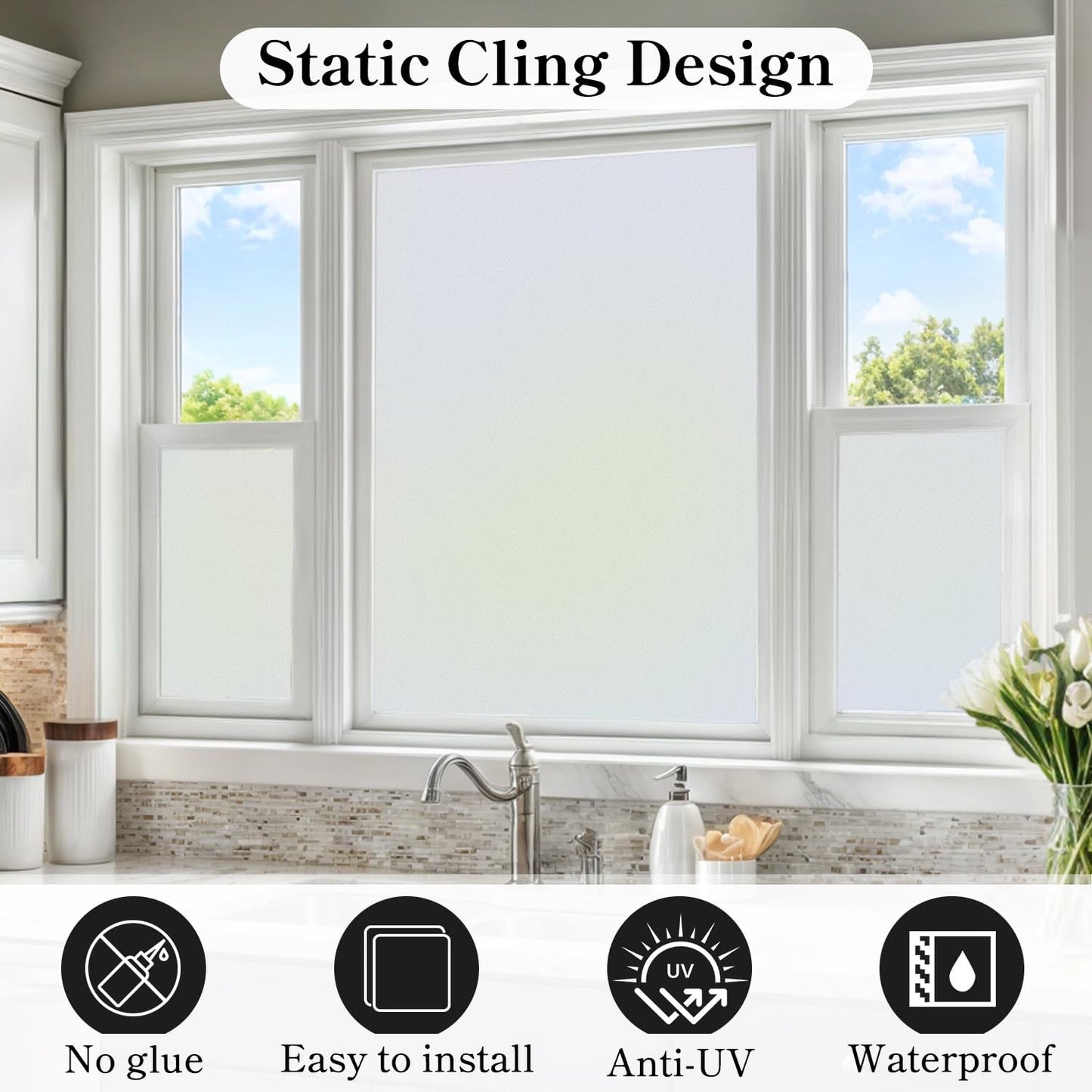 DUOFIRE Privacy Window Film Frosted Glass Film Matte White Static Cling Glass Film No Glue Anti-UV Window Sticker Non Adhesive for Privacy Office Meeting Room Bathroom Living Room DS001W 17.4x78.7in