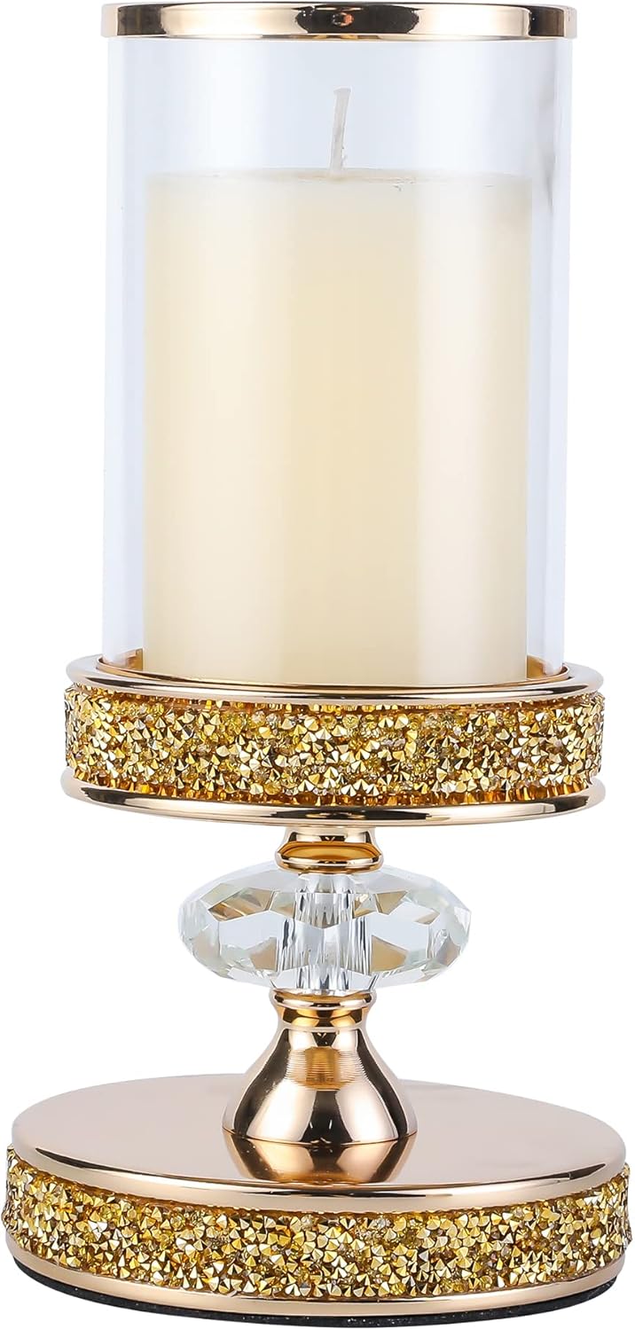 Crystal Pillar Candle Holder with Glass Shade, Gold Metal Base (S)