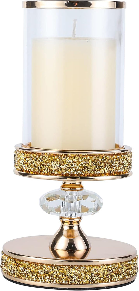 Crystal Pillar Candle Holder with Glass Shade, Gold Metal Base (S)