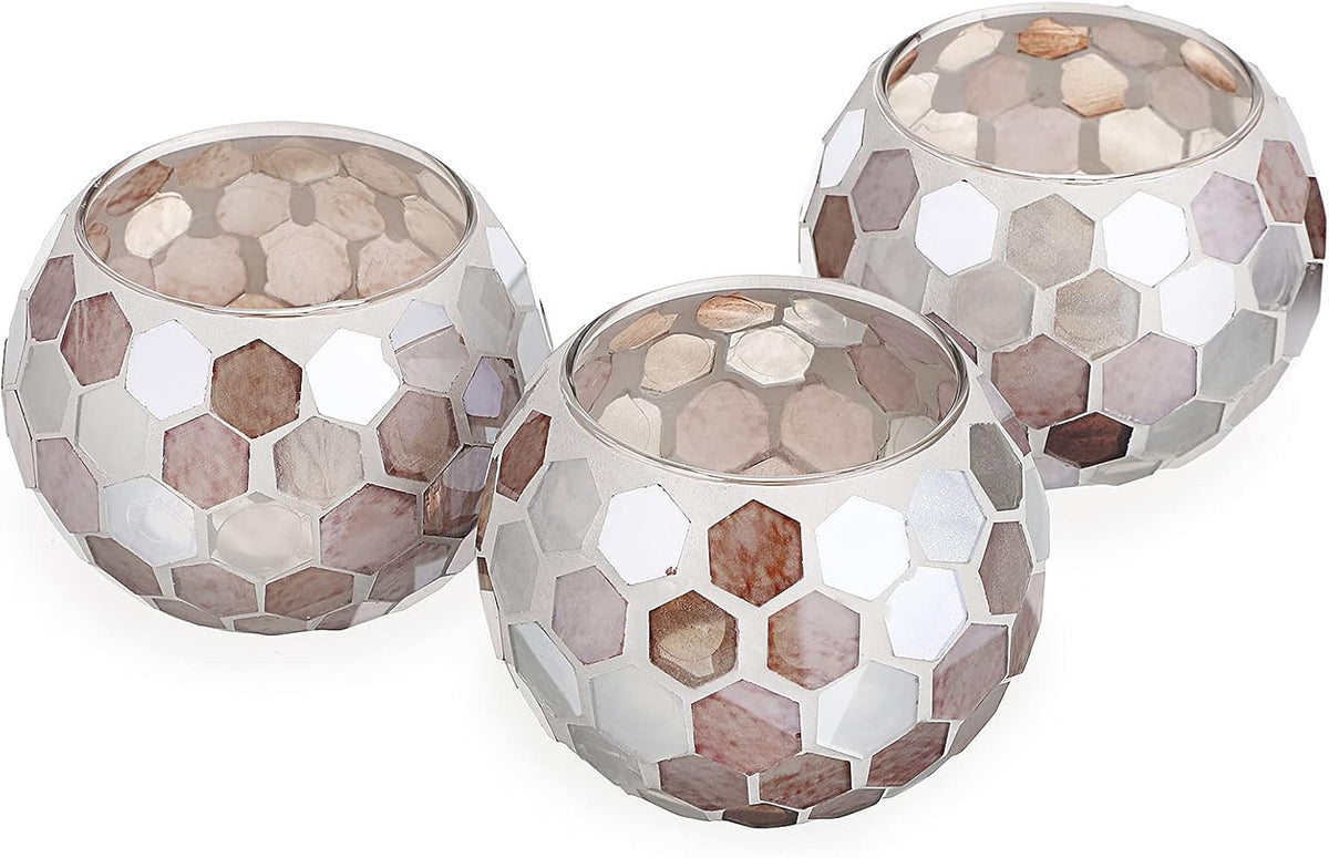 Set of 3 Mosaic Glass Tea Light Holders Round Bowl Votive Candle Holders Pillar Candle Stands, Glass Mosaic Tealight Holders Potted Plant Bowl Vase Candle Centerpiece for Dining Table Wedding