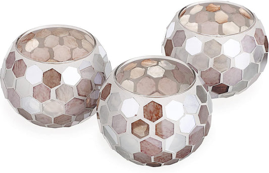 Set of 3 Mosaic Glass Tea Light Holders Round Bowl Votive Candle Holders Pillar Candle Stands, Glass Mosaic Tealight Holders Potted Plant Bowl Vase Candle Centerpiece for Dining Table Wedding