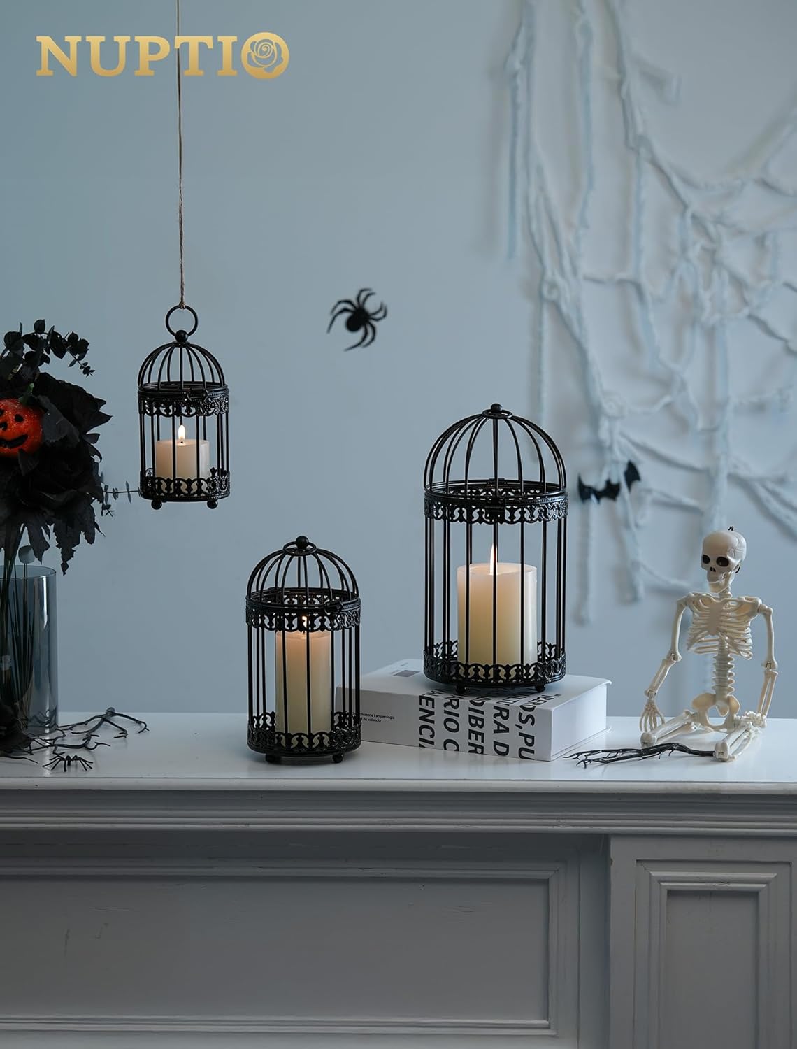 Vintage Bird Cage Lantern: Black Hanging Bird Cage Decor Candle Lanterns for Centerpiece - Large Birdcage Pillar Candles Holder for Halloween Christmas Bridal Shower 10 Inch H