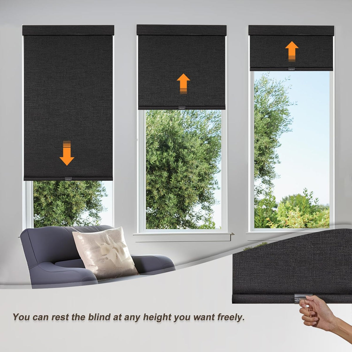 Persilux Free-Stop Cordless Blinds for Indoor Windows with Cover, Window Shades Blackout Roller Blinds, Thermal Insulated Fabric UV Protection for Kitchen, Office, Living Room, Black(24" W x 64" H)
