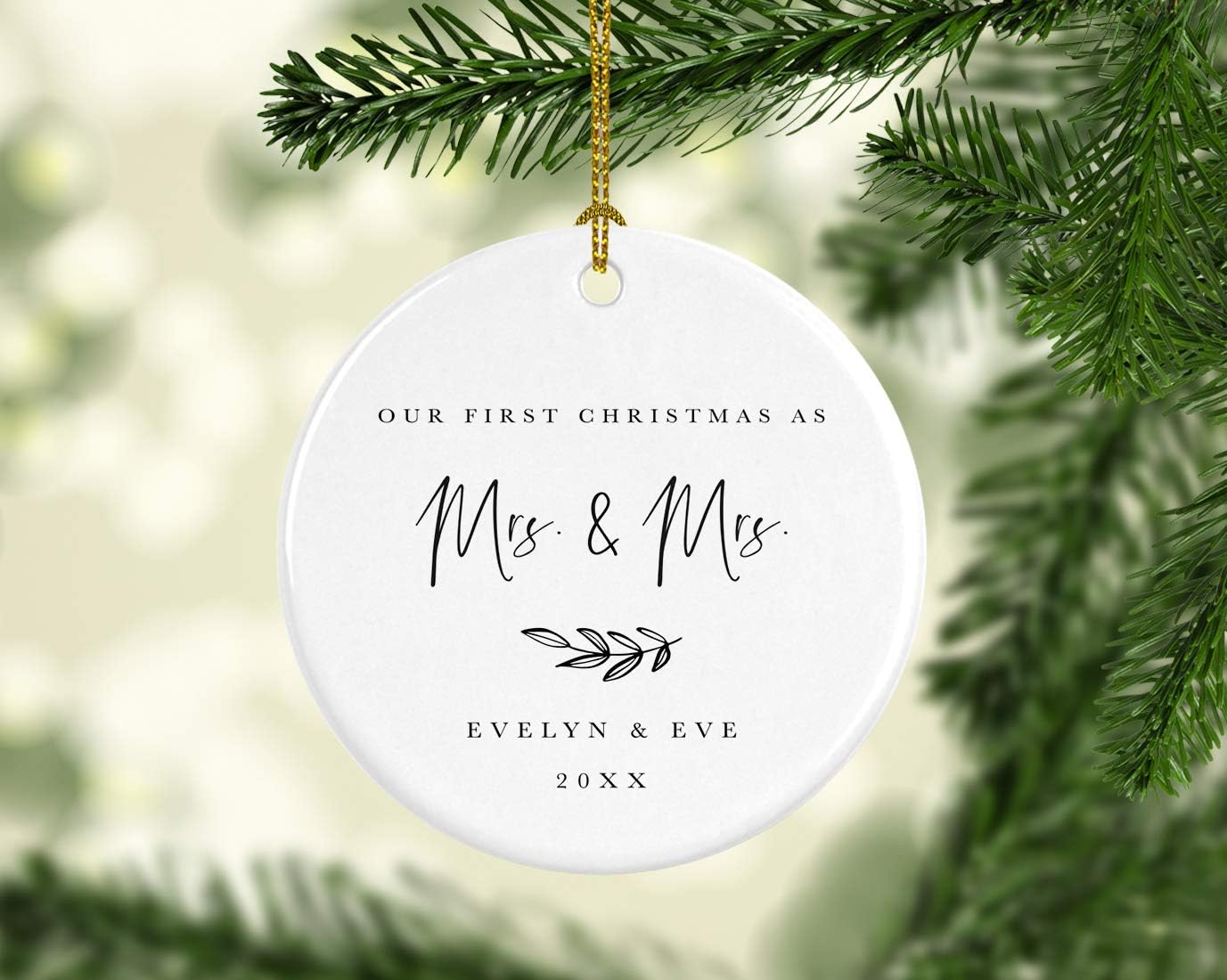Andaz Press Personalized Lesbian Couple Wedding Round Ceramic Porcelain Christmas Engagement Keepsake Collectible Gift, Our First Christmas as Mrs. & Mrs, Helen & Eve 2025, Antique Handdrawn, 1-Pack