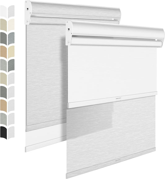 BERISSA Cordless Double Roller Shades with Cassette Valance, Blackout and Light Filtering, Day and Night Shades for Home Office Door - Striped Jacquard White, 58 W x 80" H