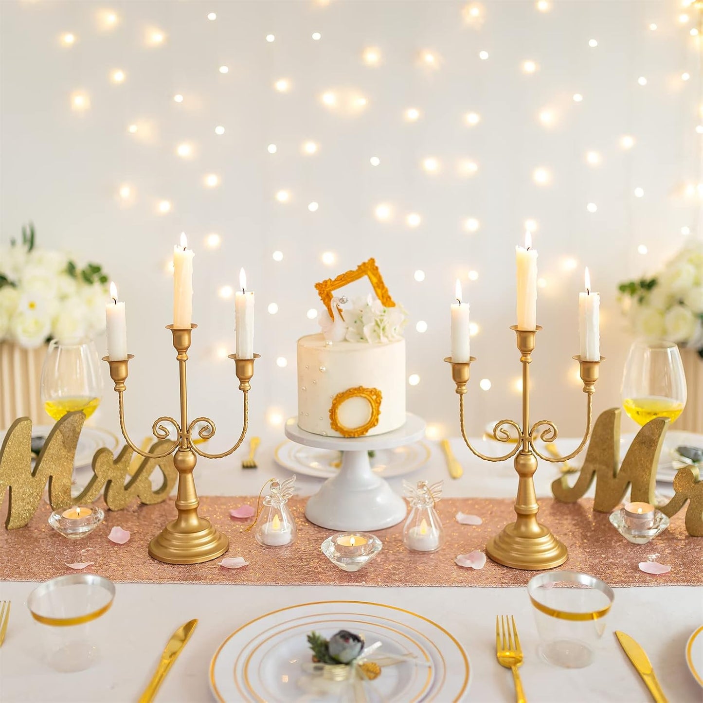 Gold Taper Candle Holder for Centerpiece - 3-arm Candlesticks Holder for Wedding Table Centerpieces Metal Candle Stick Holders for Fireplace Mantle Set of 6
