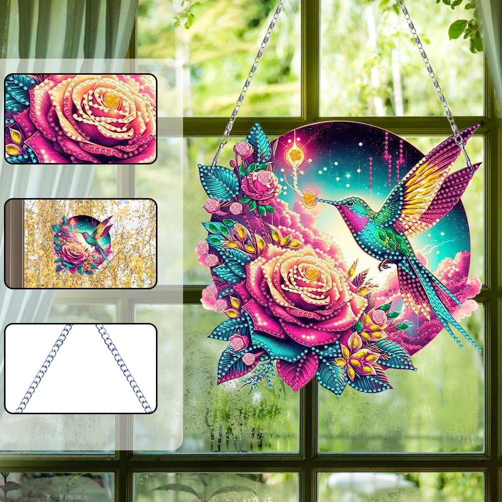 Flowers Hummingbird Diamond Art Kits,5D Diamond Hanging Ornament Kits,DIY Special Shaped Diamond Dot Kits,Home Porch Crystal Hanging Pendant Ornament (Colorful1)