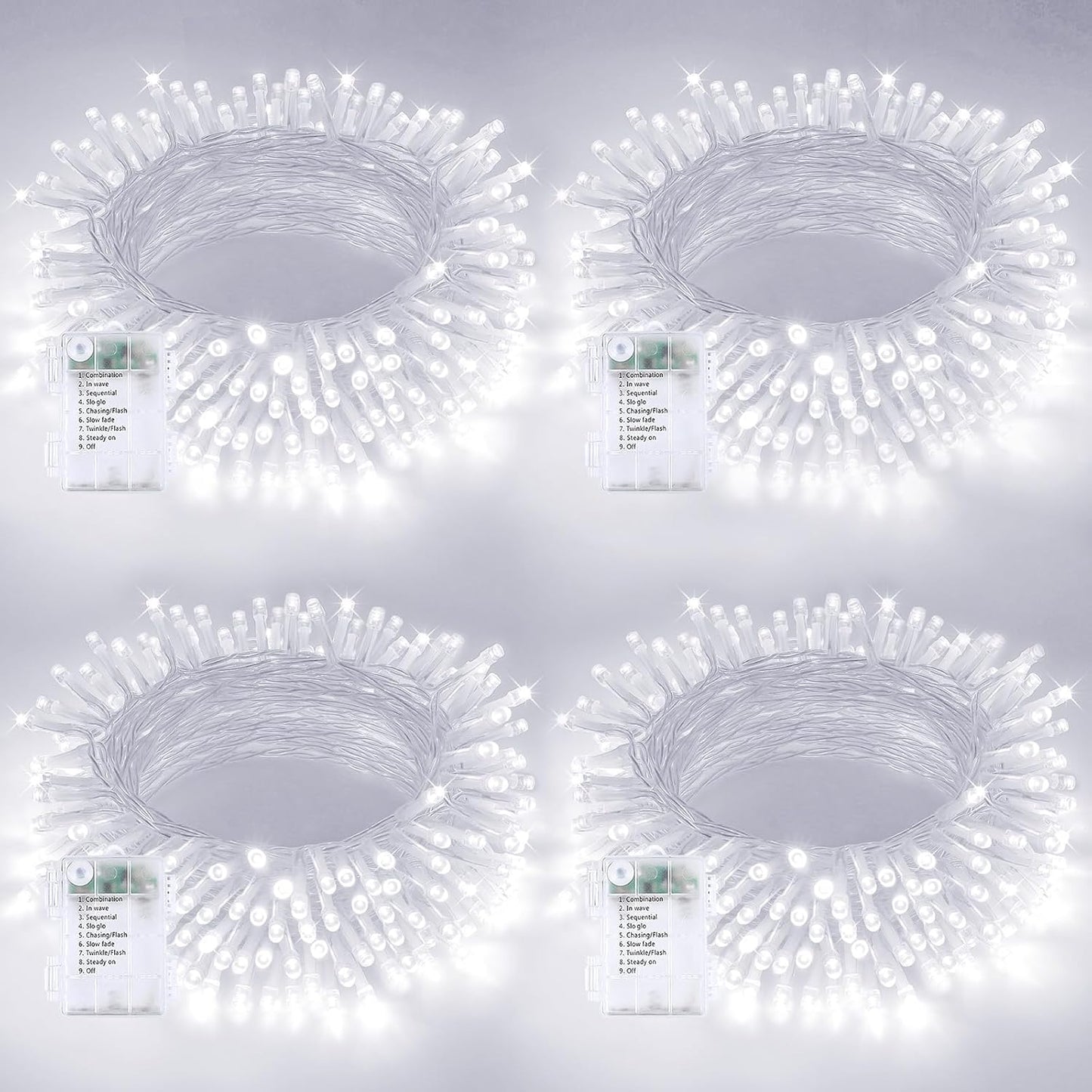 4 Pack String Lights Battery Operated with Timer, 66FT 200 LED Waterproof Battery Twinkle Lights, 8 Modes Fairy Light for Indoor & Outdoor Party Bedroom Garland Tree Christmas Decorations (Cool White)