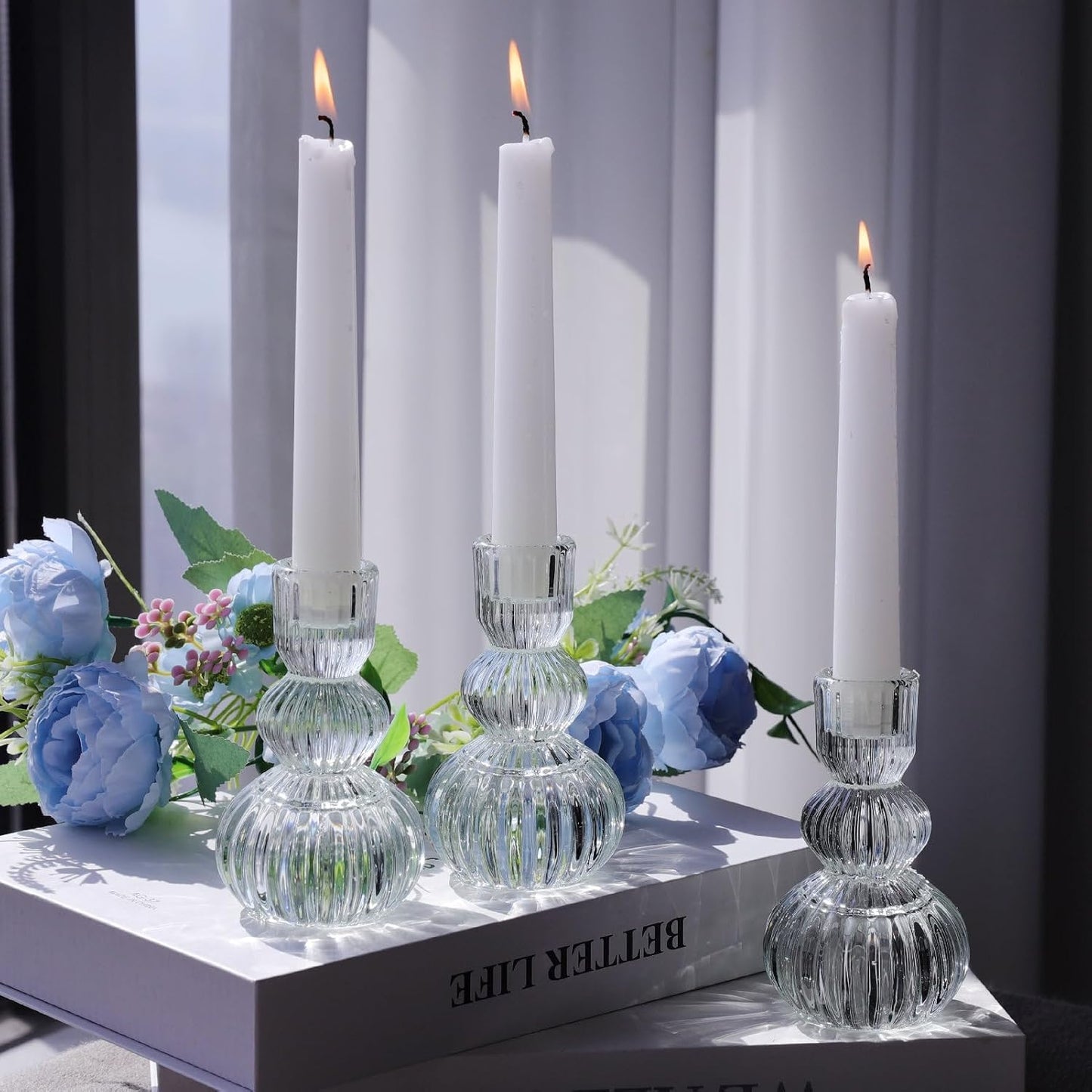 Clear Ribbed Glass Taper Candle Holders Set of 3 — Vintage Table Candle Holders for Spring Table Decor & Soft Light Styling