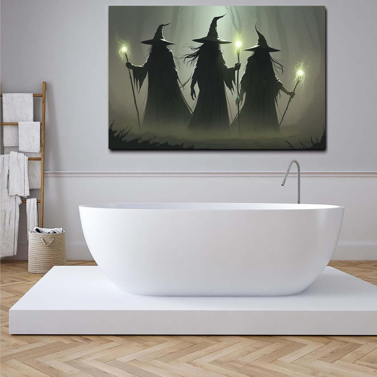 Vintage 3 witches canvas wall decor melancholy dark Halloween poster wall decor holding a staff print Gothic horror Halloween painting print for living room bedroom16x24in Wood Framed