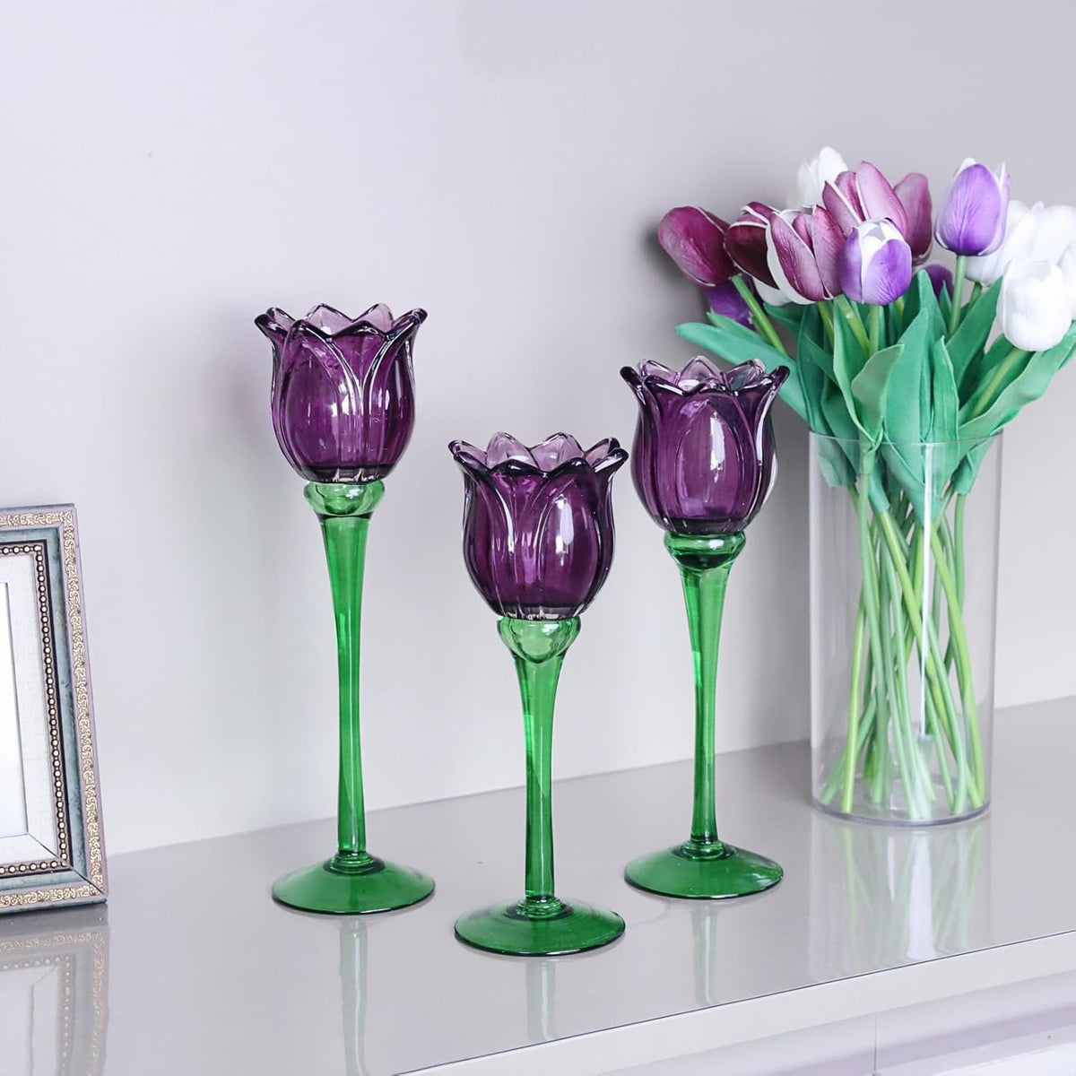 Purple Tulip Glass Tealight Candle Holders Set of 3, Floral Tall Glass Candle Holders for Table & Home Decor