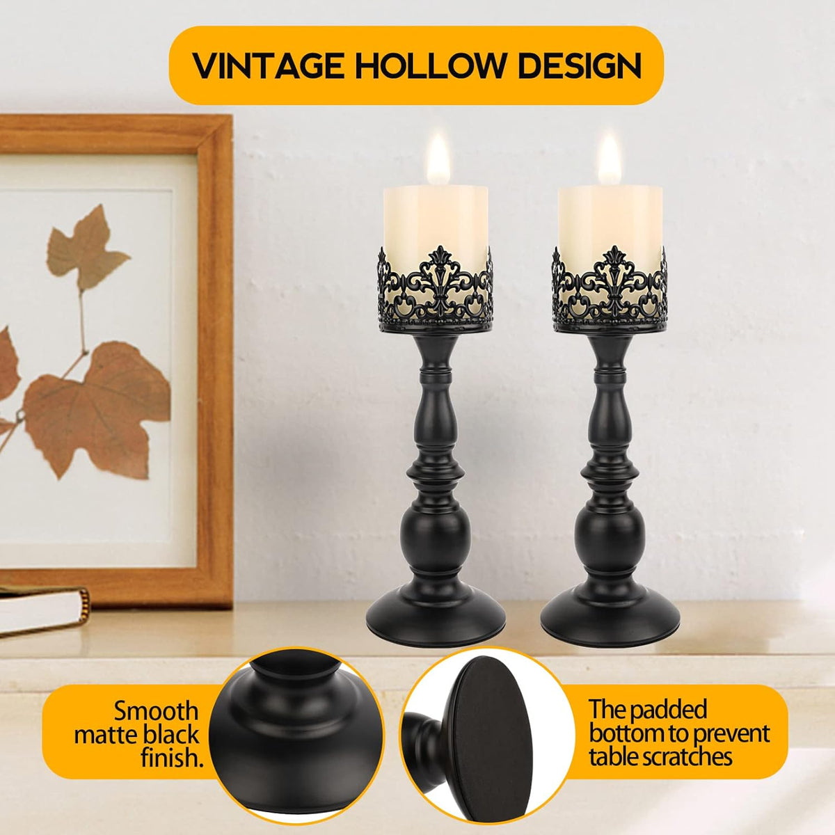 Candle Holders for Pillar Candles Gothic Matte Black Vintage Tall Candle Holders Set of 2 Decorative Large Table Centerpieces Candle Stand Decor (Black 2PCS A)