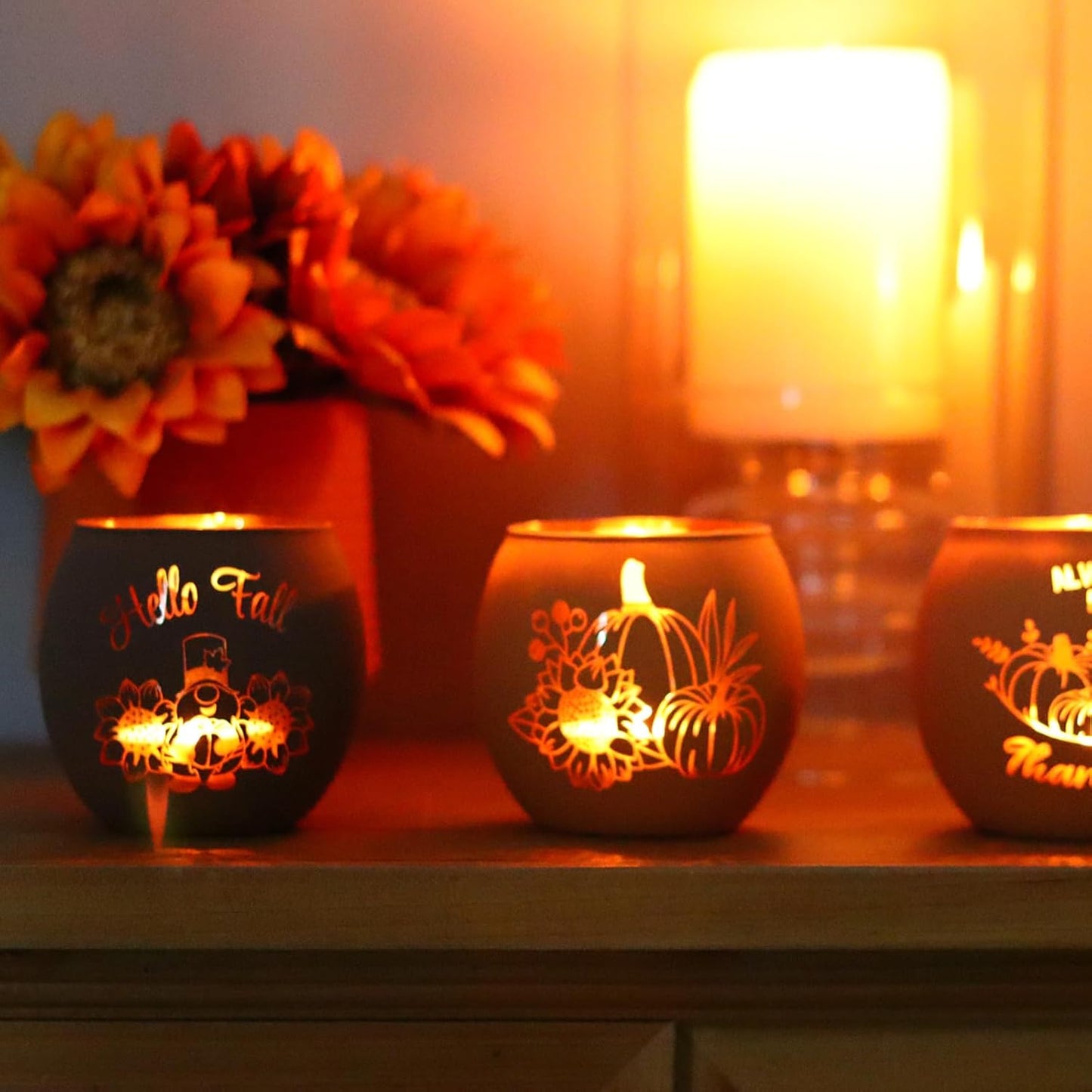 Fall Table Centerpiece Decorations Set of 12 Glass Votive Tealight Candle Holder for Wedding, Party, Thanksgiving, Fall Decor for Indoor and Outdoor