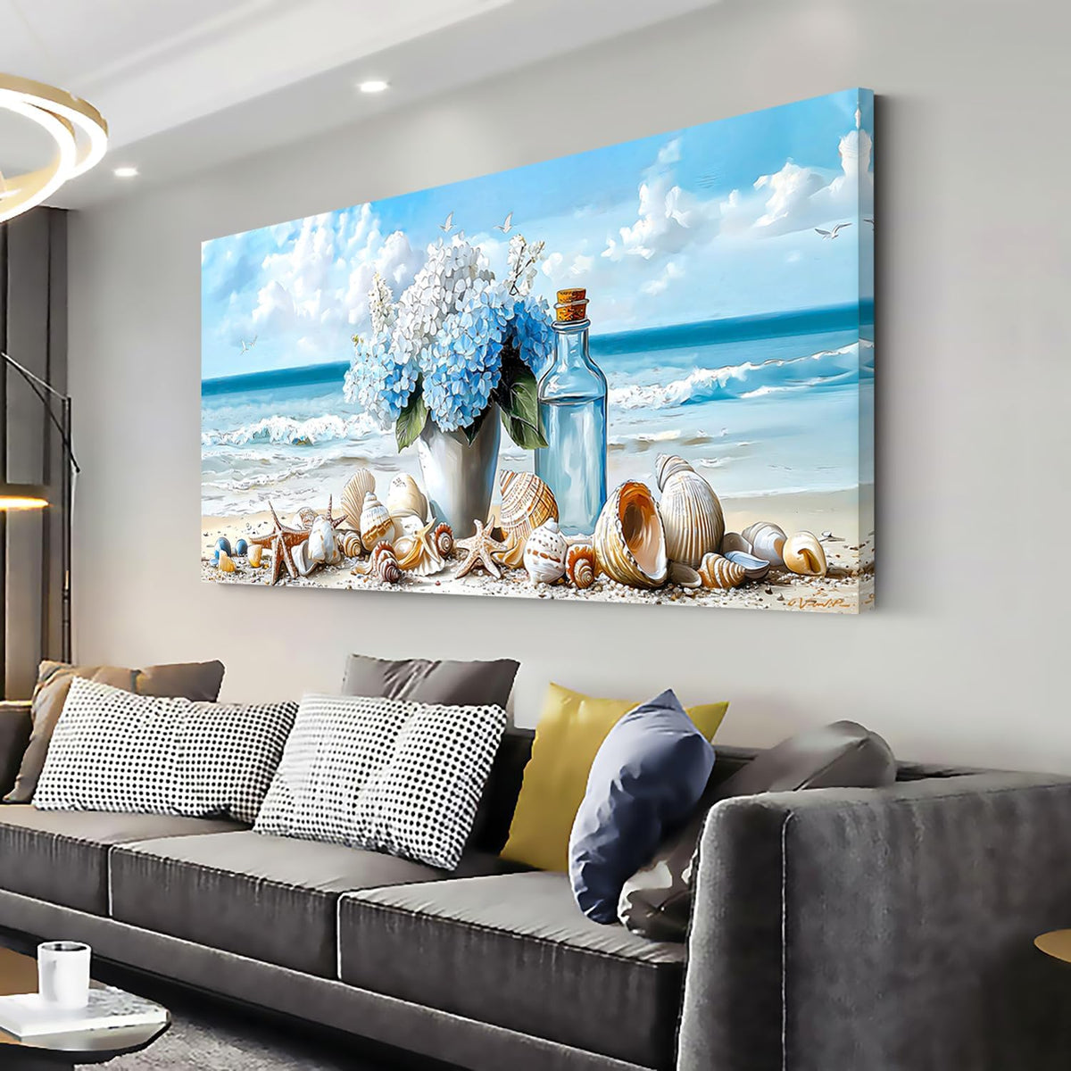 LASMOND Romantic Beach Wall Art for Living Room Blue Shells Conch Vase Canvas Prints Modern Large Flower Bottle Bedroom Ocean Artwork Decor (58x28 Inches)
