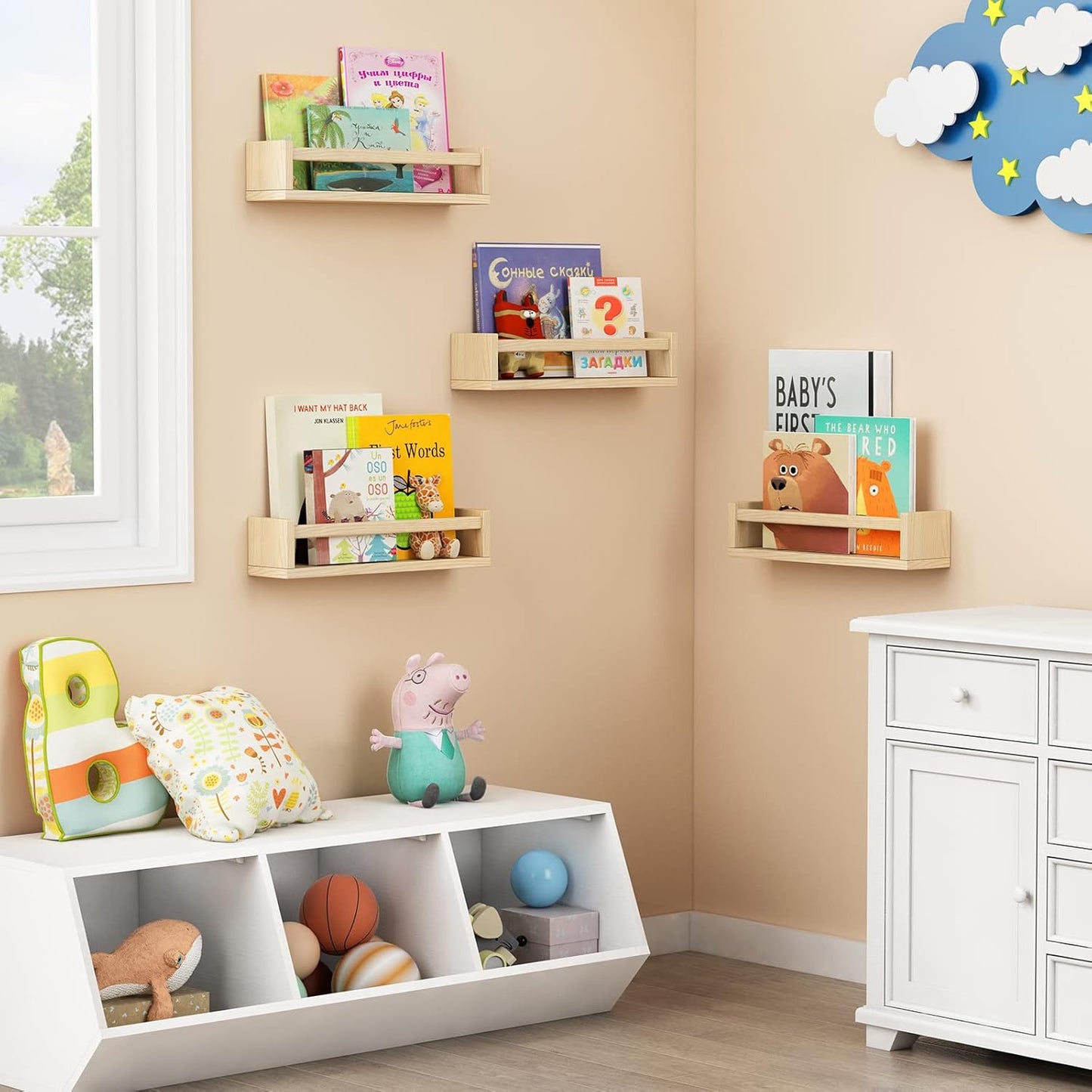 Forbena Natural Wood Nursery Book Shelves Wall Mounted, Floating Bookshelf for Kids Room, Toys and Books Storage Organizer Bookshelves for Toddler Child Bedroom Bathroom (4 Pack Natural Wood)