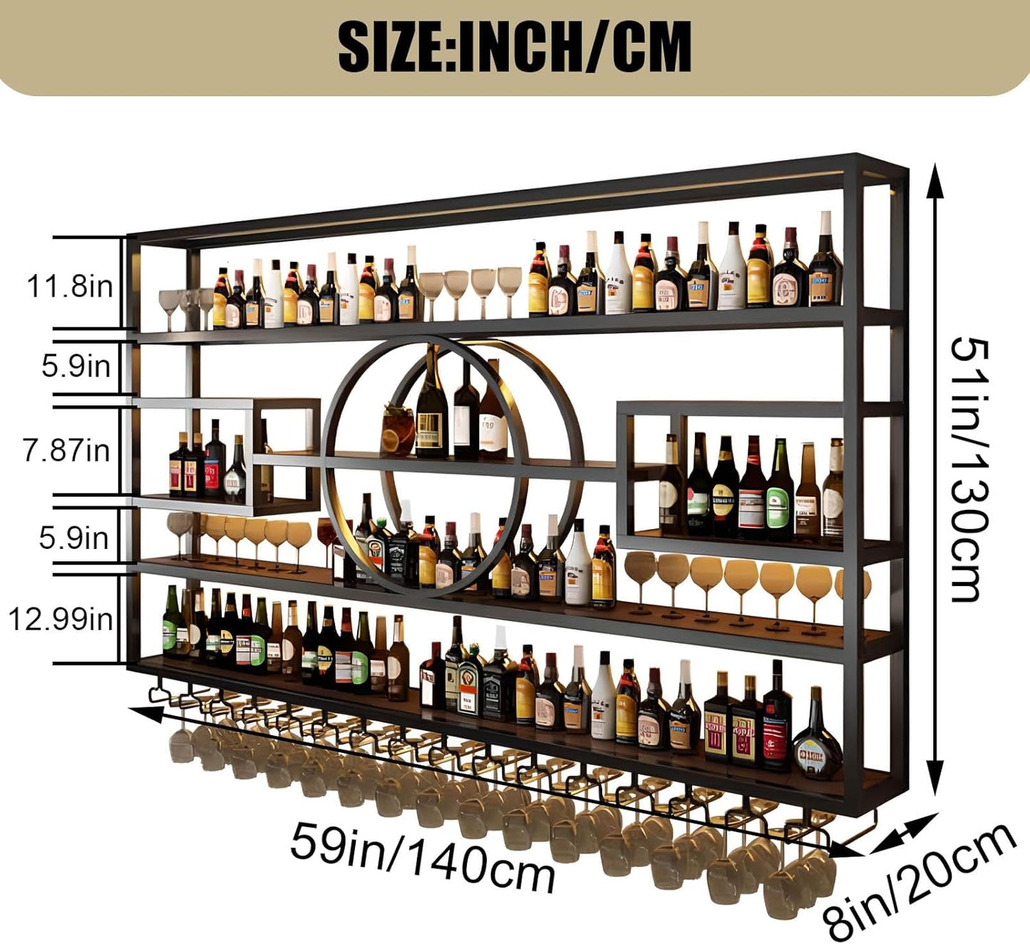 55.1in Wall Mounted Wine Rack, Modern Metal Wine Bottle and Glass Holder, Iron Display Stand Decorative Wine Rack, for Bar Living Room Dining Room Background (Black, 55.1 * 8 * 51INCHES)