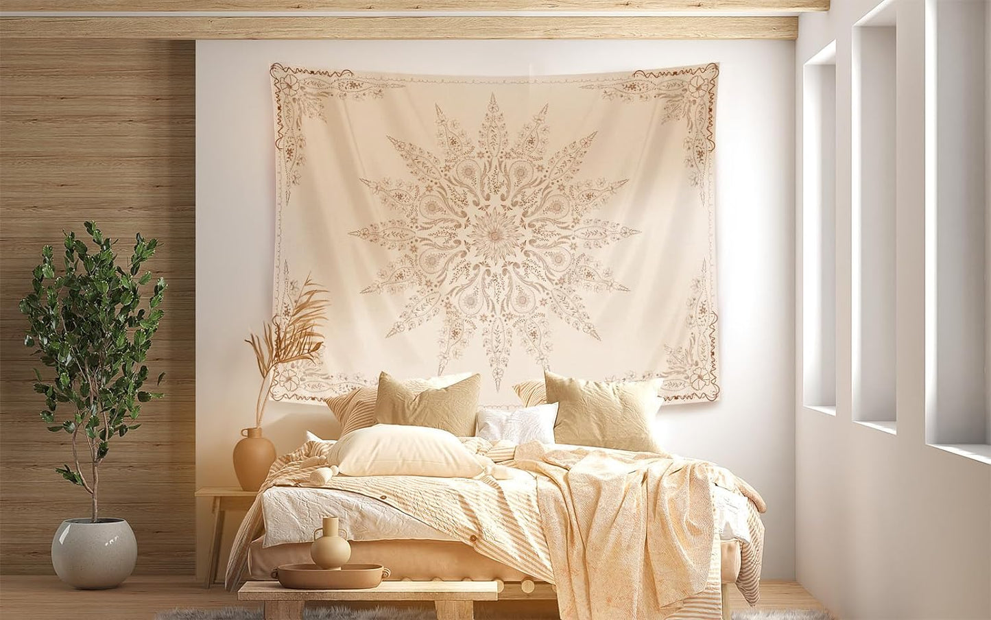 Damanse Floral Tapestry Wall Hanging Cute,Boho Wall Tapestry for Bedroom Aesthetic,Mandala Living Room Decor for Teen Girls (Flaxen, 49.20" x 59.10")