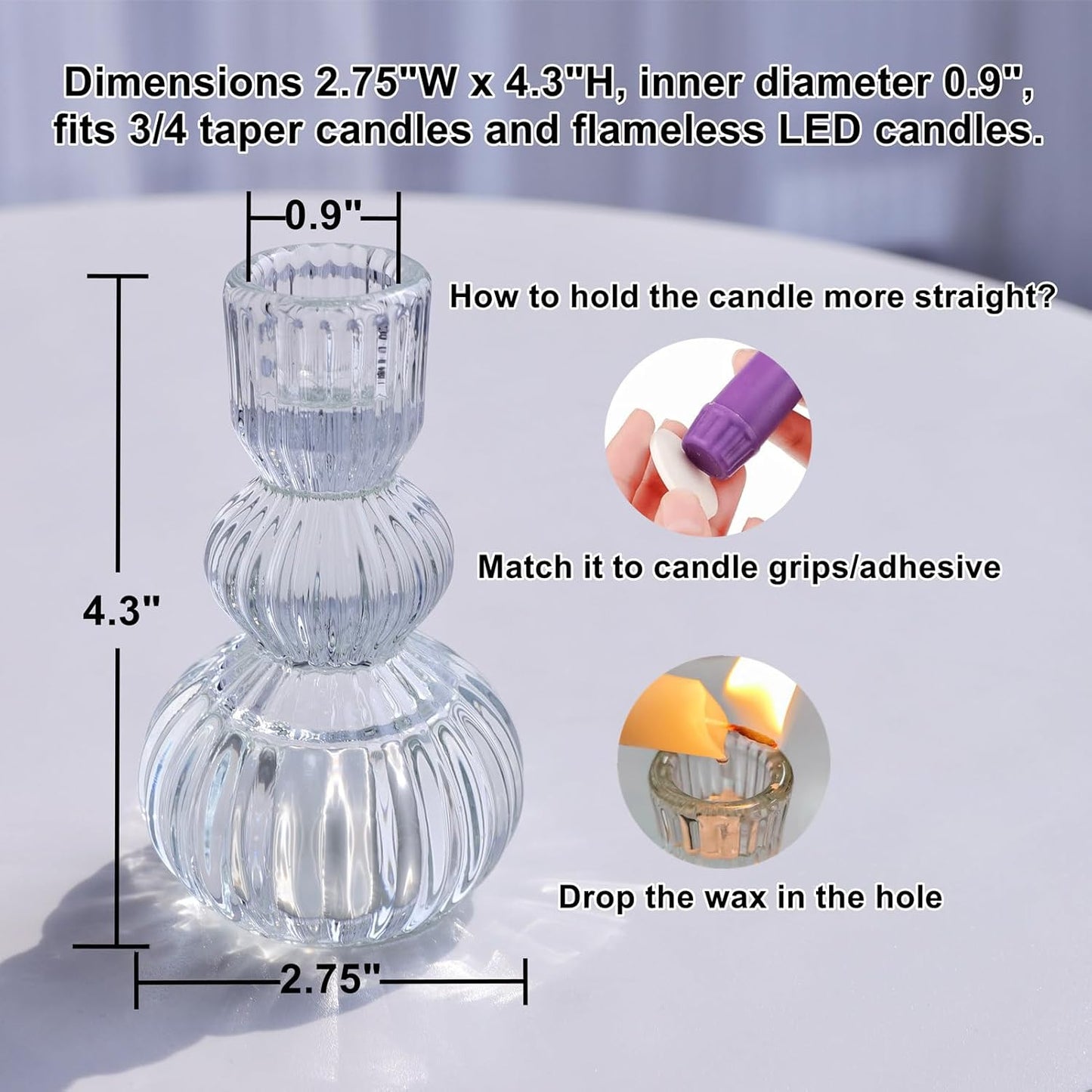 Clear Ribbed Glass Taper Candle Holders Set of 3 — Vintage Table Candle Holders for Spring Table Decor & Soft Light Styling