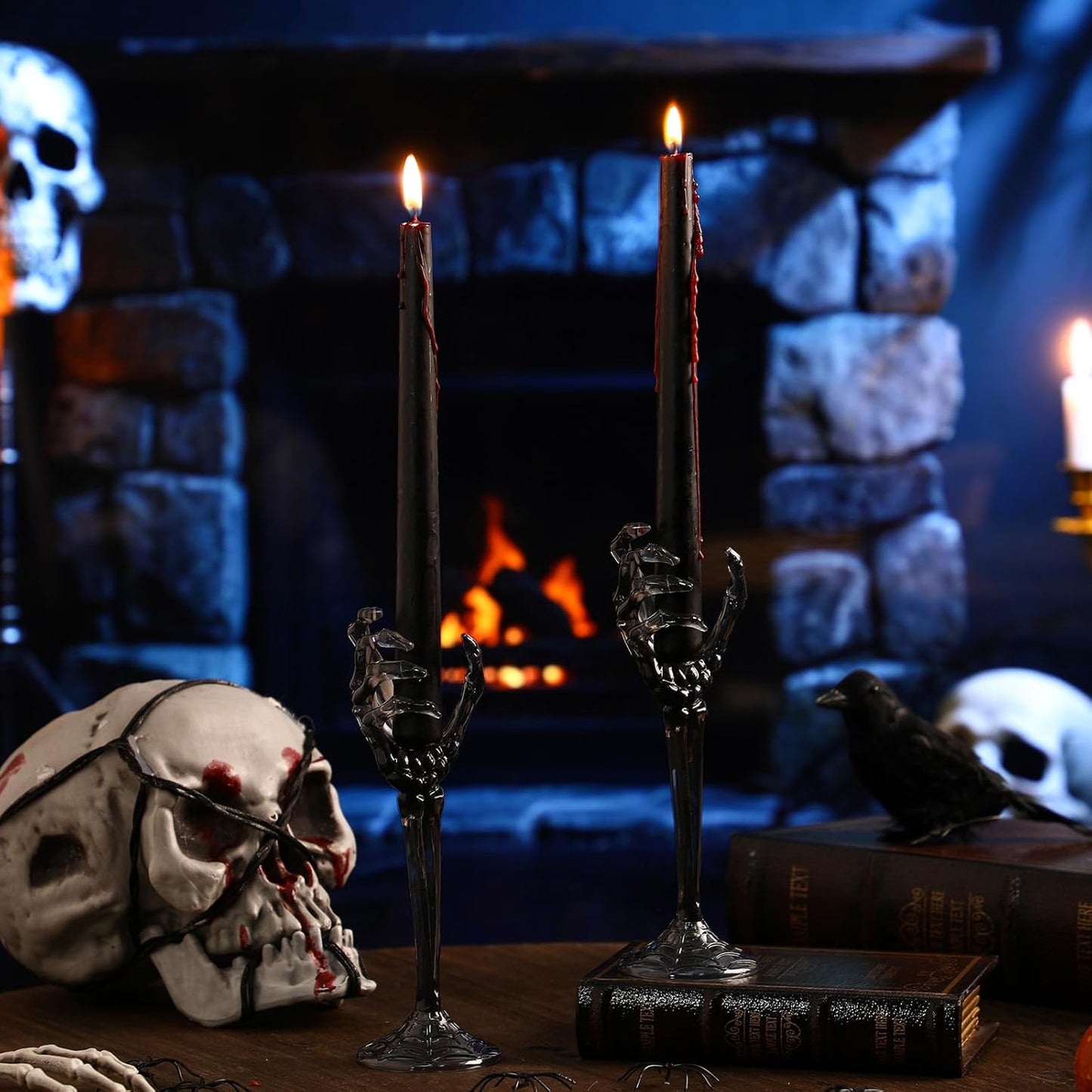 2 Pcs Halloween Skull Candle Holders Halloween Table Centerpieces Fireplace Decorations Skeleton Gothic Decor Horror Skeleton Skull Candlestick Holders for Home Office Bar Party Supplies