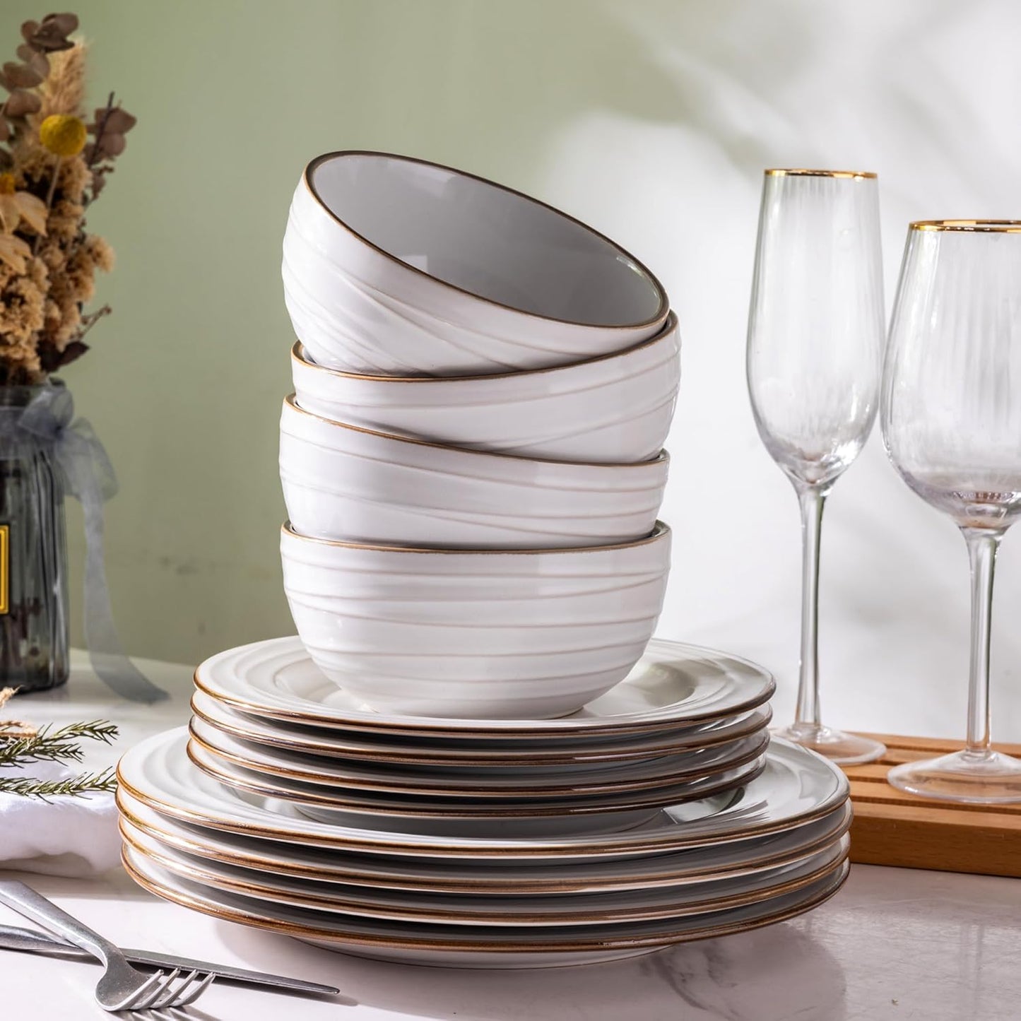 GBHOME Ceramic Dinnerware Sets,12 pcs Embossed Elegant Stoneware Plates and Bowls Sets, Housewarming Wedding Gift | Dishwasher & Microwave Safe | Dishes Set Service for 4
