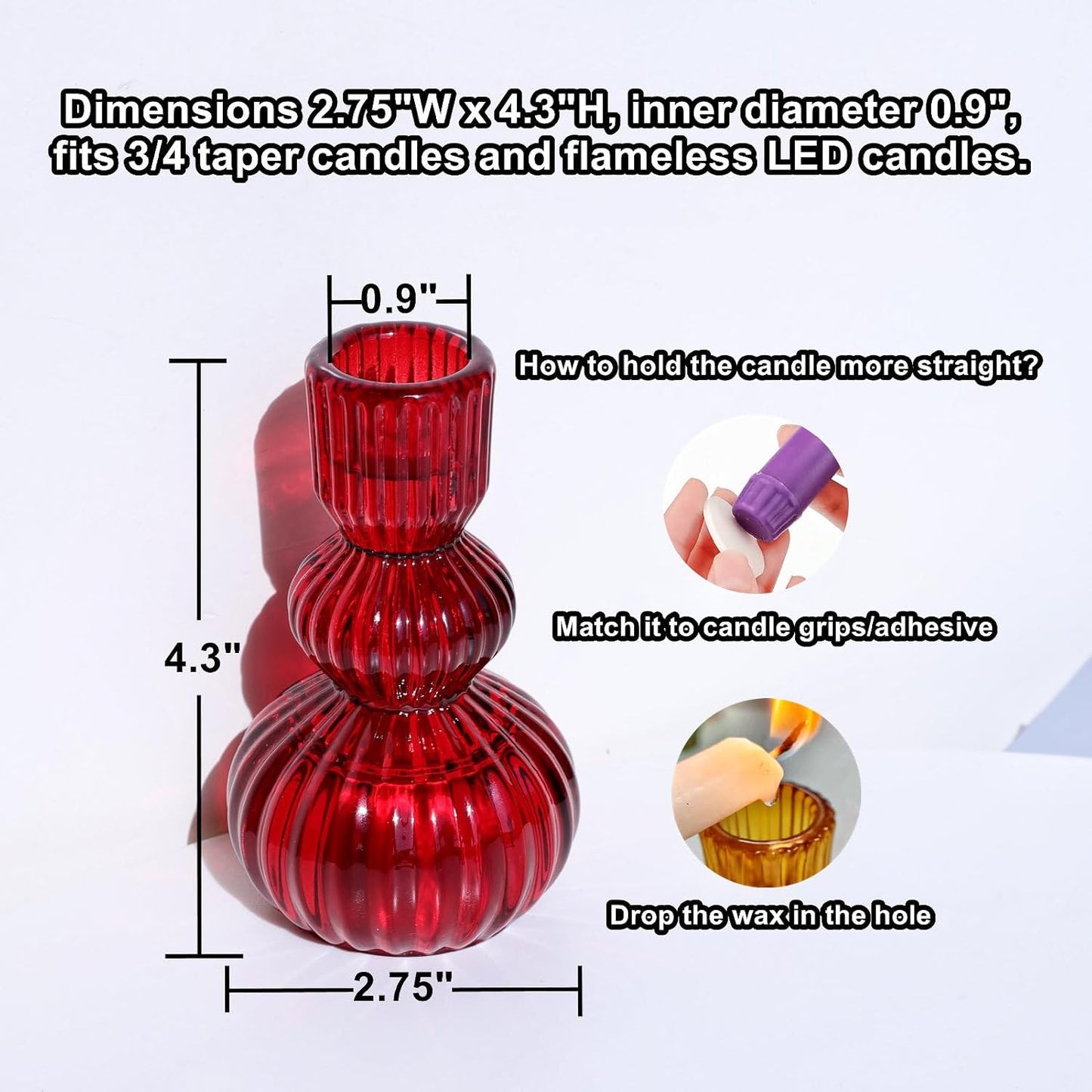 Red Ribbed Glass Candlestick Holders Set of 3, 4.3” Vintage Taper Candle Holders for Valentine’s Day, Christmas & Winter Table Decor