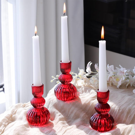 Red Ribbed Glass Candlestick Holders Set of 3, 4.3” Vintage Taper Candle Holders for Valentine’s Day, Christmas & Winter Table Decor