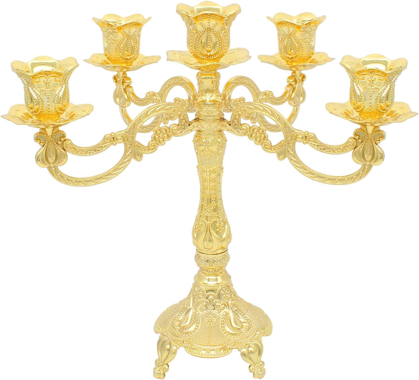 Gold 5 Arm Metal Candelabra Candle Holder — Elegant Tall Centerpiece for Dining Table, Wedding Decor, Fireplace Mantel, Vintage Gold Candlestick Holder
