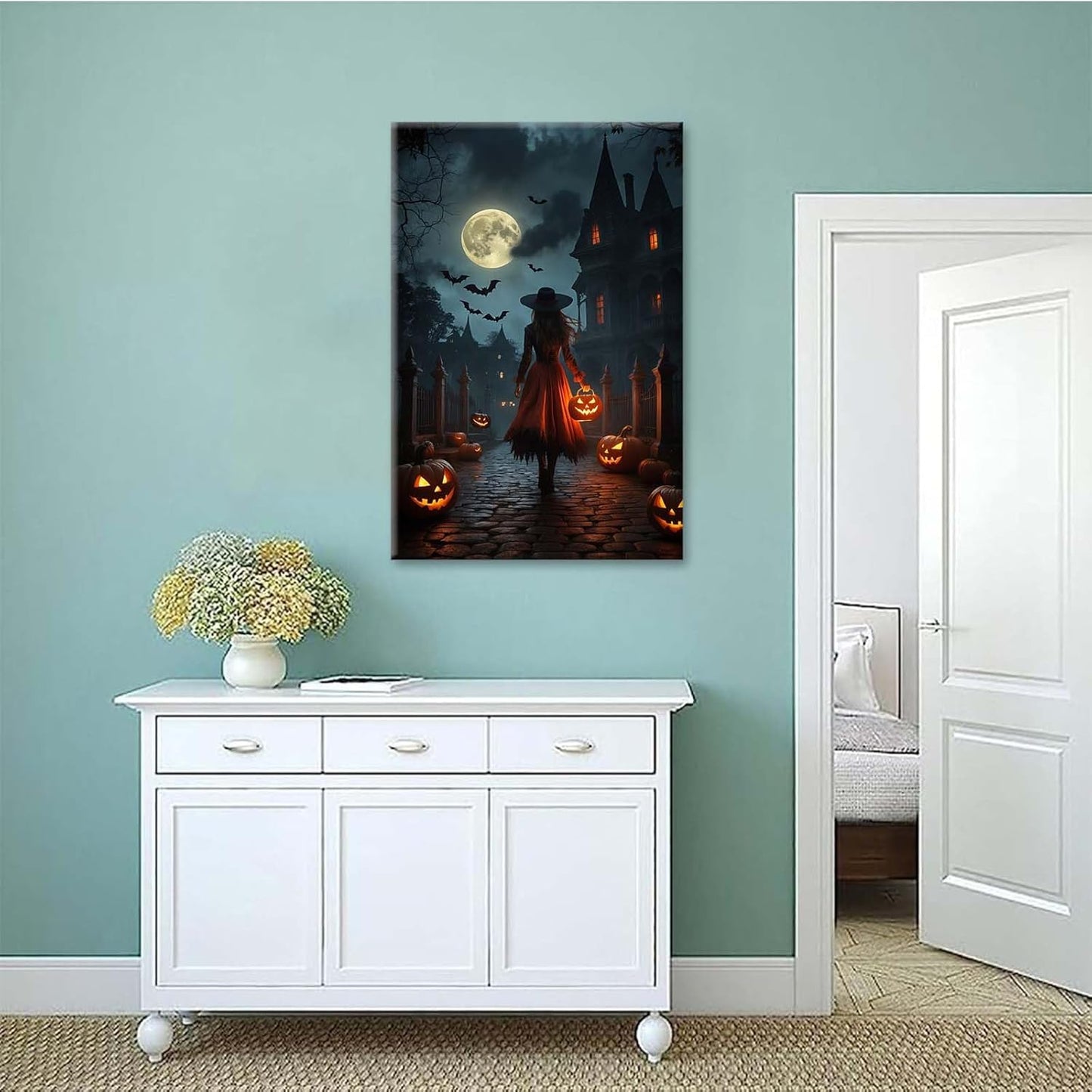 Halloween theme poster moonlit autumn night witch vintage poster art print dark college style gothic painting canvas wall decoration bedroom living room ideal gift28x40in Wood Framed