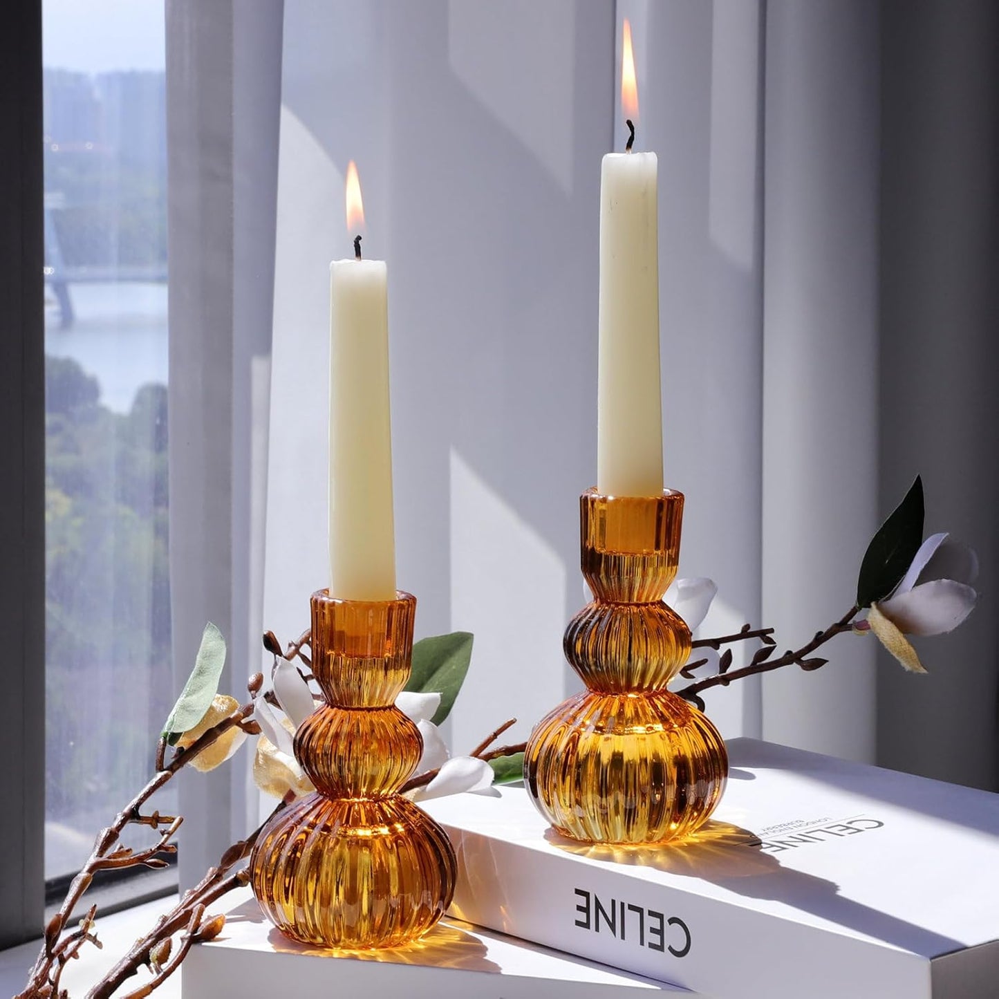 Amber Taper Candle Holders 4.3" H for Halloween/Thanksgiving Decorations, Set of 3 Ribbed Glass Candlestick Holders Vintage for Fall Wedding, Boho Candle Sticks Holder Decor for Dining Table