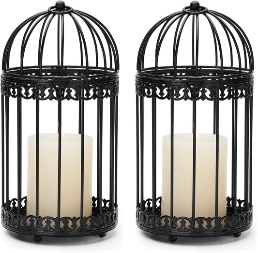 Vintage Bird Cage Lantern: Black Hanging Bird Cage Decor Candle Lanterns for Centerpiece - Large Birdcage Pillar Candles Holder for Halloween Christmas Bridal Shower 10 Inch H