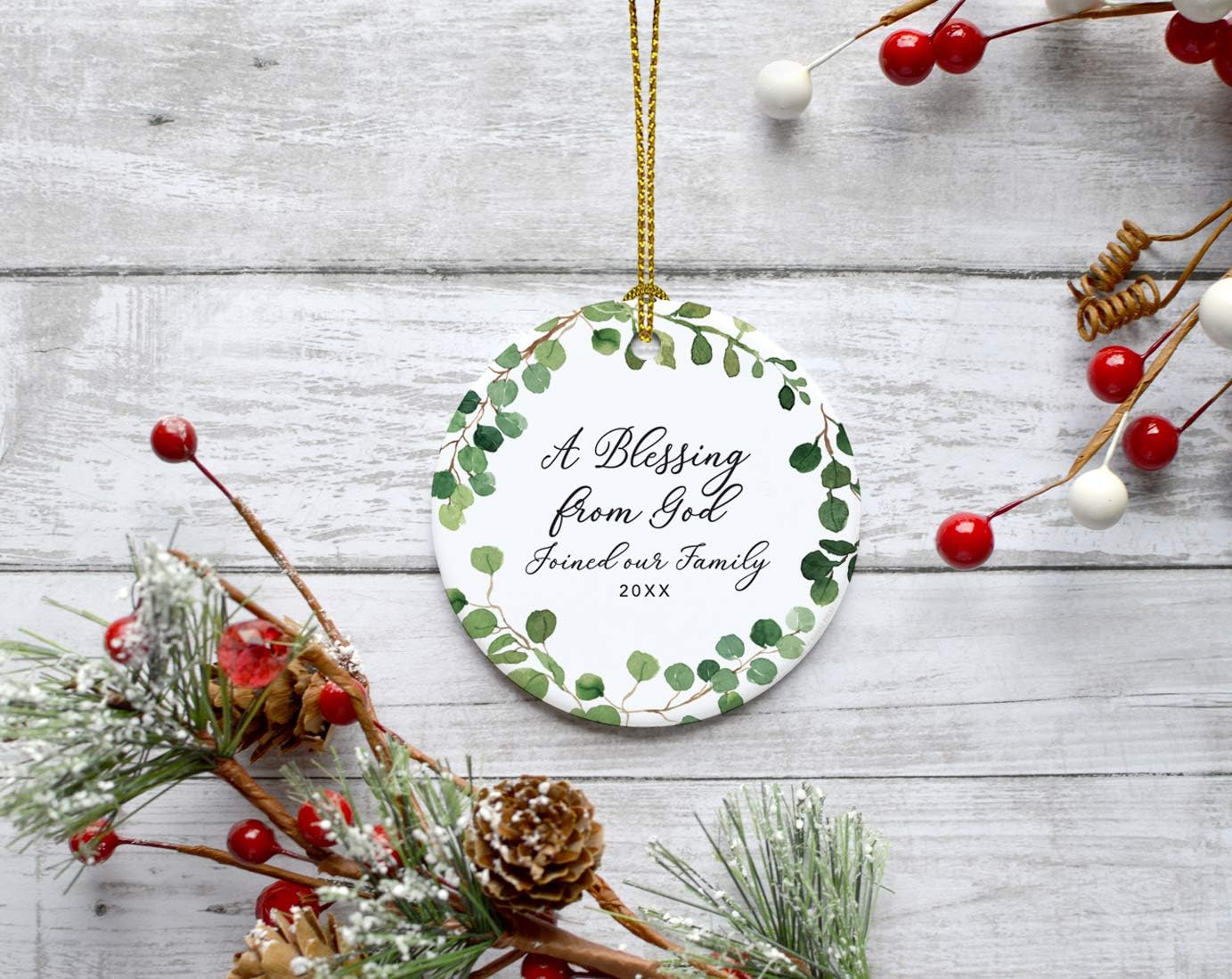 Andaz Press Custom Year Round Ceramic Porcelain Christmas Tree Ornament Keepsake Collectible Gift, A Blessing from God Adopted 2025, Farmhouse Eucalyptus Wreath, 1-Pack