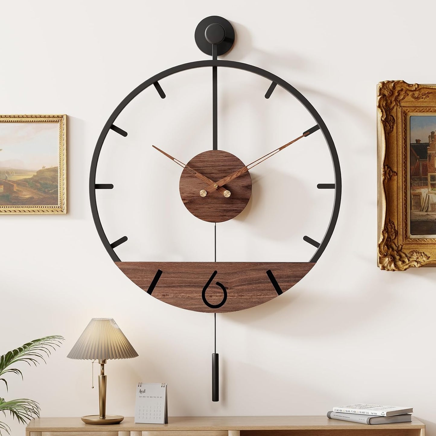Large Modern Pendulum Wall Clock 30.7×20 — Silent Non-Ticking Minimal Farmhouse Statement Clock for Living Room