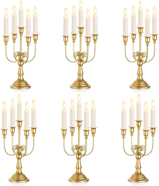 Candelabra Candle Holder Gold Set of 6-5-arm Metal Candlestick Holders for Taper Candles for Centerpieces Table Wedding Christmas Fireplace Decor Birthday