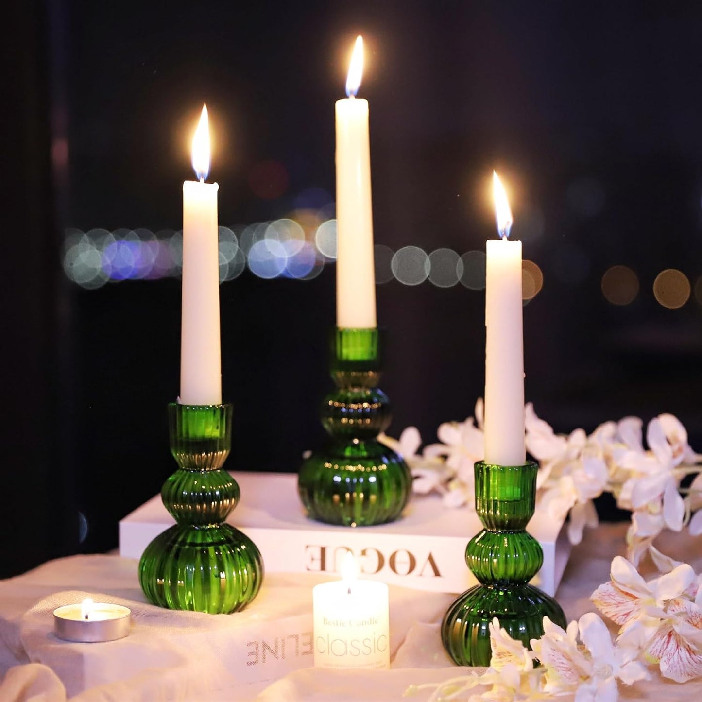 Green Ribbed Glass Taper Candle Holders, Set of 3, Table &amp; Shelf Accent