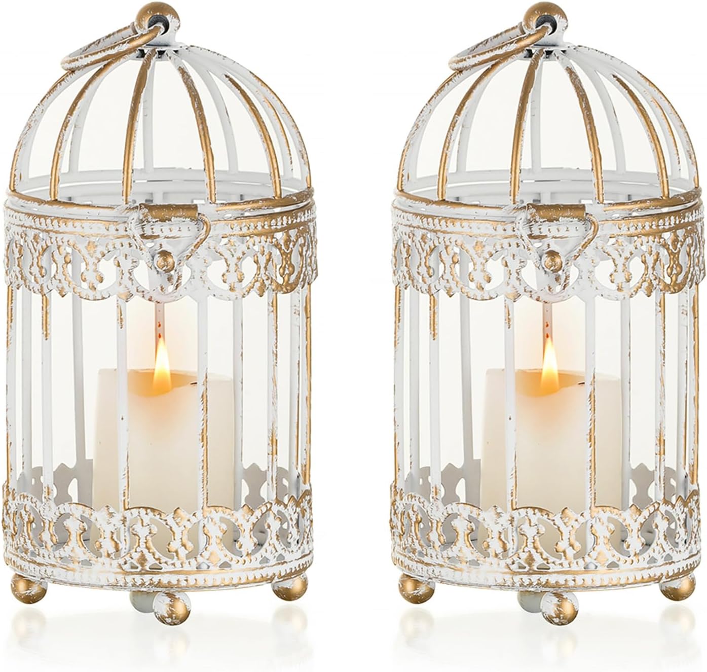 Tea Light Candle Holders: 2 Pcs 6 inch H Distressed White Bird Cage Lantern Centerpiece Hanging Metal Birdcage Tealight Votive Holder for Home Fireplace Dining Table Living Room Decoration