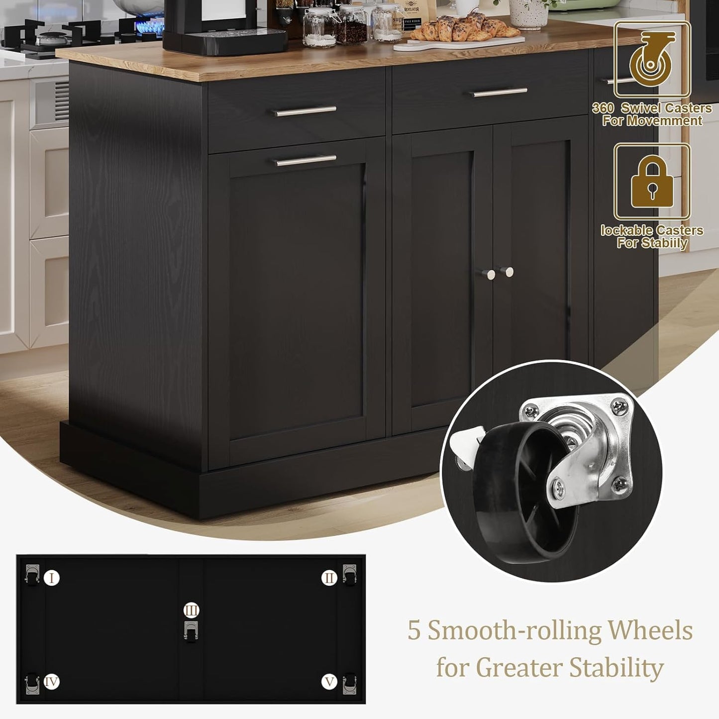 4 EVER WINNER Kichen Island with Storage,Rolling Kitchen Island Cart on Wheels,Mobile Island with Wooden Countertop for Kitchen,Black