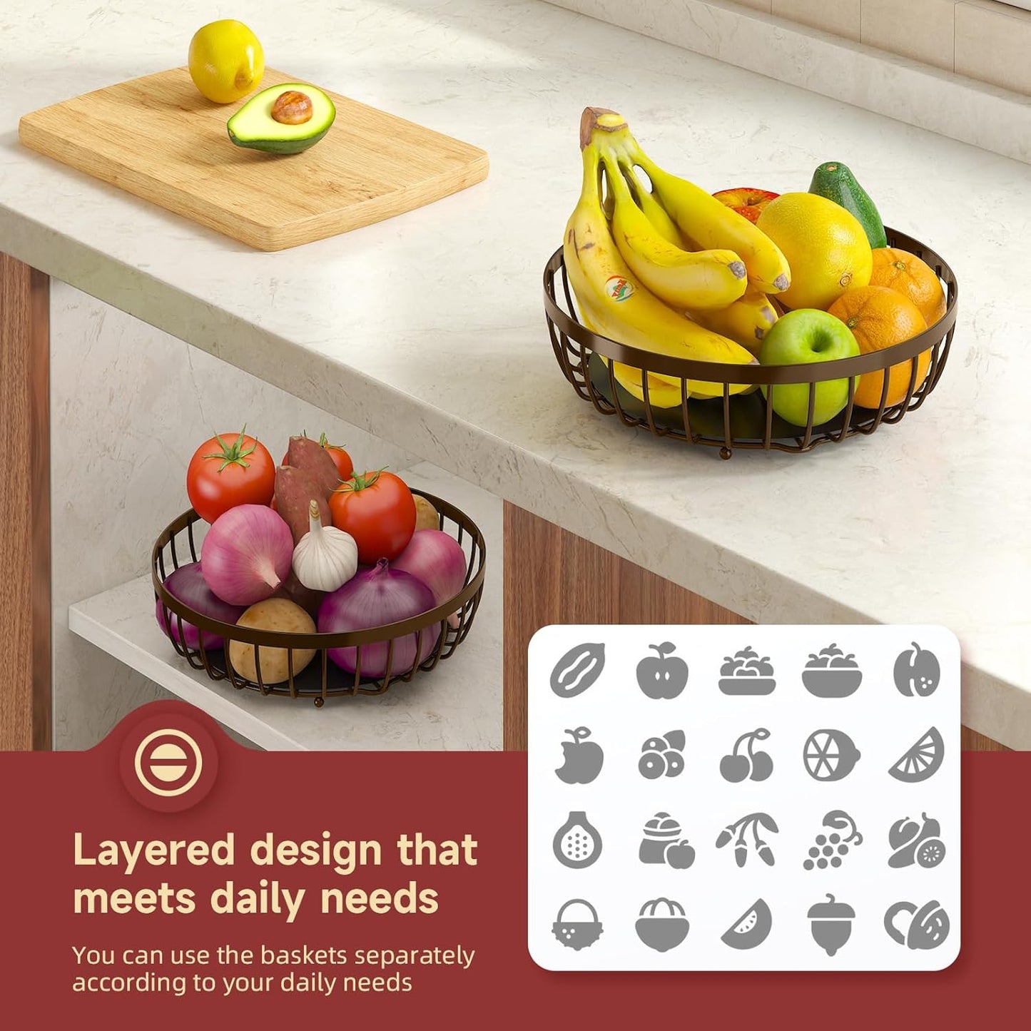 2 Tier Fruit Basket for Kitchen Counter with 2 Banana Hangers, Metal Stackable Fruit Bowl for Kitchen Counter for Bread Vegetable Fruits, Brown