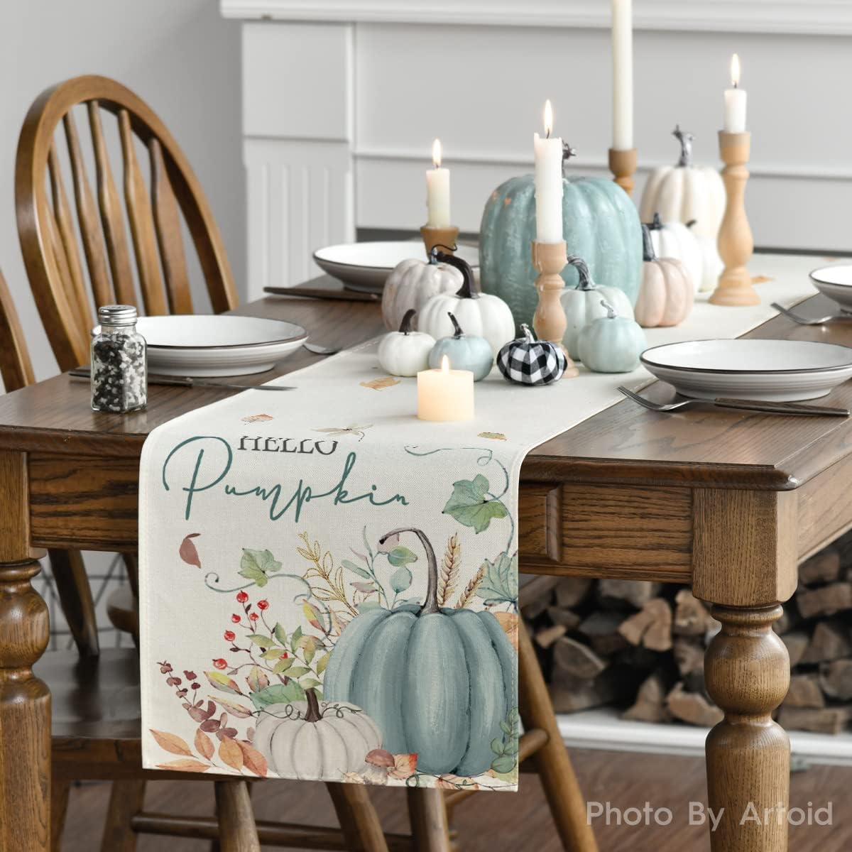 Artoid Mode Aqua Hello Pumpkin Leaves Fall Table Runner, Seasonal Autumn Kitchen Dining Table Decoration for Home Party Decor 13x120 Inch
