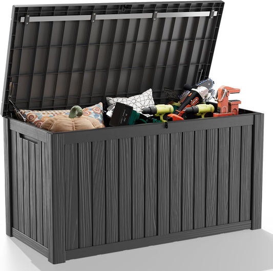 DRATO 150 Gallon Outdoor Storage Box, Large Waterproof Deck Box, Lockable Resin Storage Container with Reinforced Support for Patio Cushions, Garden Tools, UV-Resistant Outdoor Chest（Black）