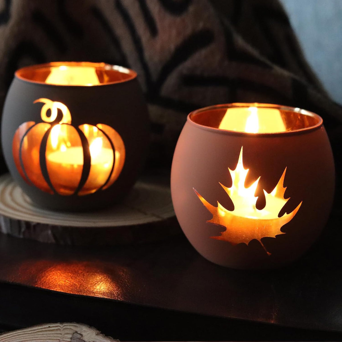 Thanksgiving Votive Candle Holder Set of 12, Glass Tealight Votives Holder with 6 Laser Engraving Patterns, Fall Table Centerpiece Indoor Outdoor Decor