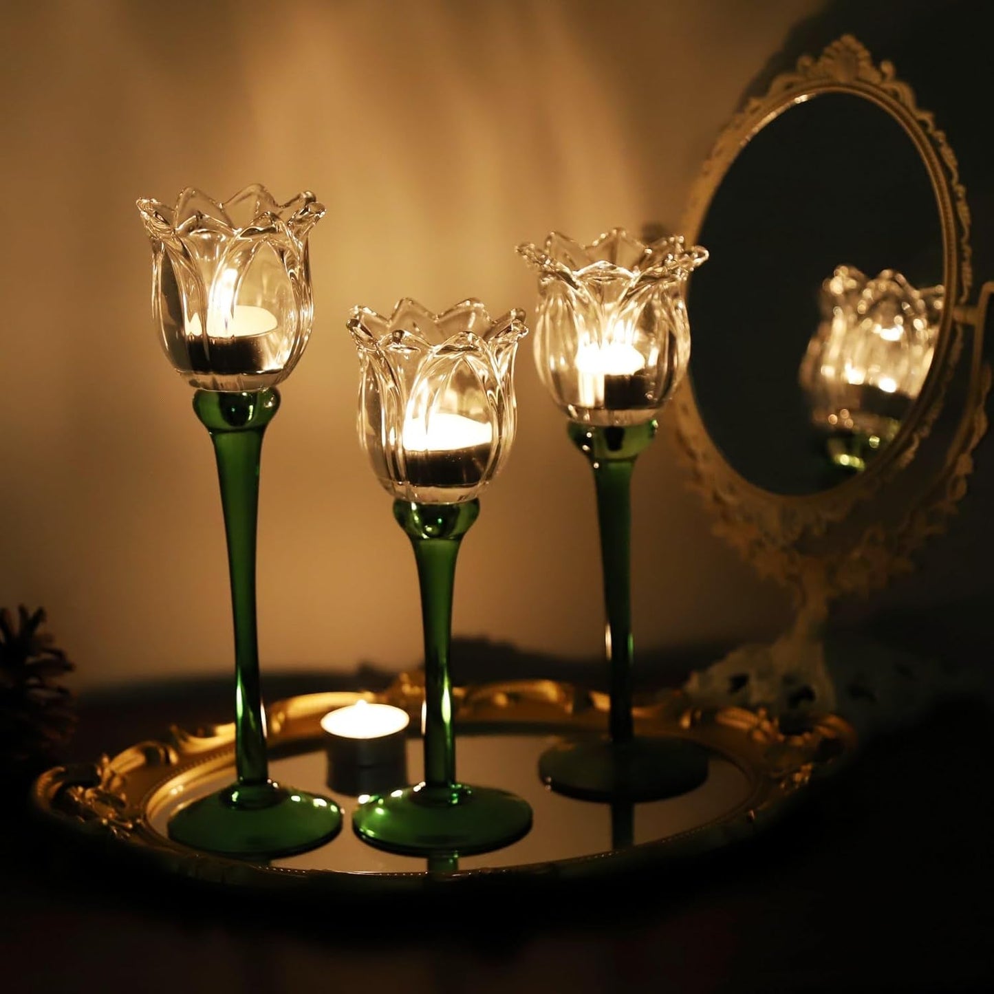 Clear Tulip Glass Tealight Candle Holders Set of 3 — Spring Table Centerpiece / Easter Decor / Tall Glass Tulip Candle Stands