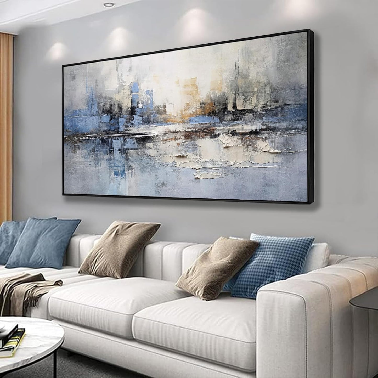 Abstract wall Art Framed Artwork Blue and Gray White Decor Modern Canvas Wall Prints Abstract Wall Decor Suitable for Bedroom apartment Office Dining Room Wall Decor Can Be Hung 24"x48"