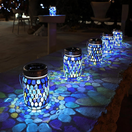 Cooo 2 Pack Mosaic Lanterns Outdoor Waterproof with 215% Larger Solar Panel, Never Rust Lids, True Capacity Battery- Solar Mason Mosaics Jar Lantern for Patio Garden Yard Balcony Hanging or Table