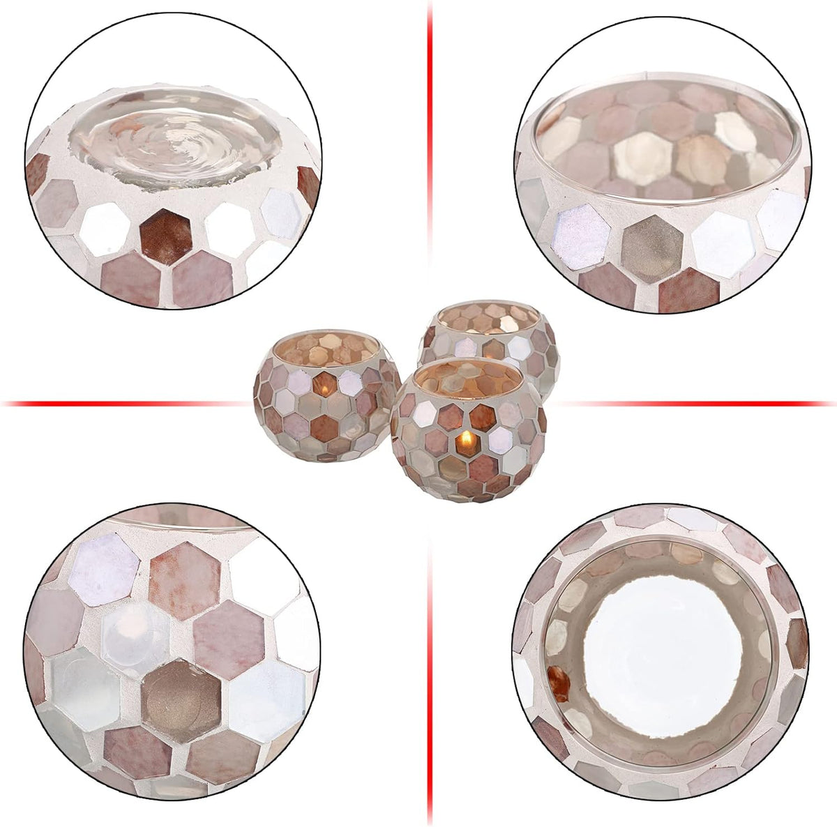 Set of 3 Mosaic Glass Tea Light Holders Round Bowl Votive Candle Holders Pillar Candle Stands, Glass Mosaic Tealight Holders Potted Plant Bowl Vase Candle Centerpiece for Dining Table Wedding