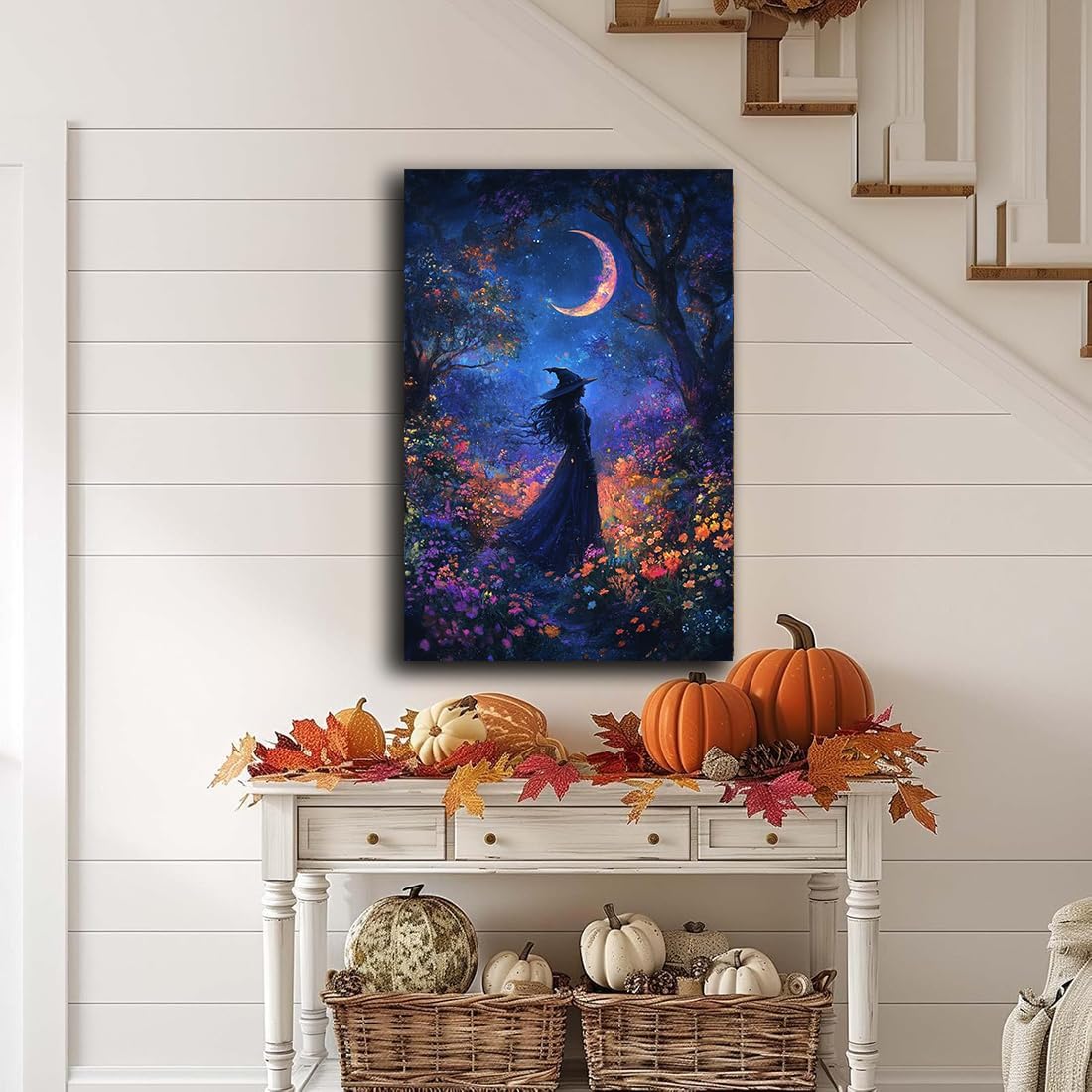 Vintage Halloween Witch Decor Mystic Gothic Wall Art Poster,Enchanting Witch Fall Whimsical Wildflowers Woodland Forest Crescent Moon Picture Art,Creepy Witchy Home Decor,20"x30" Framed