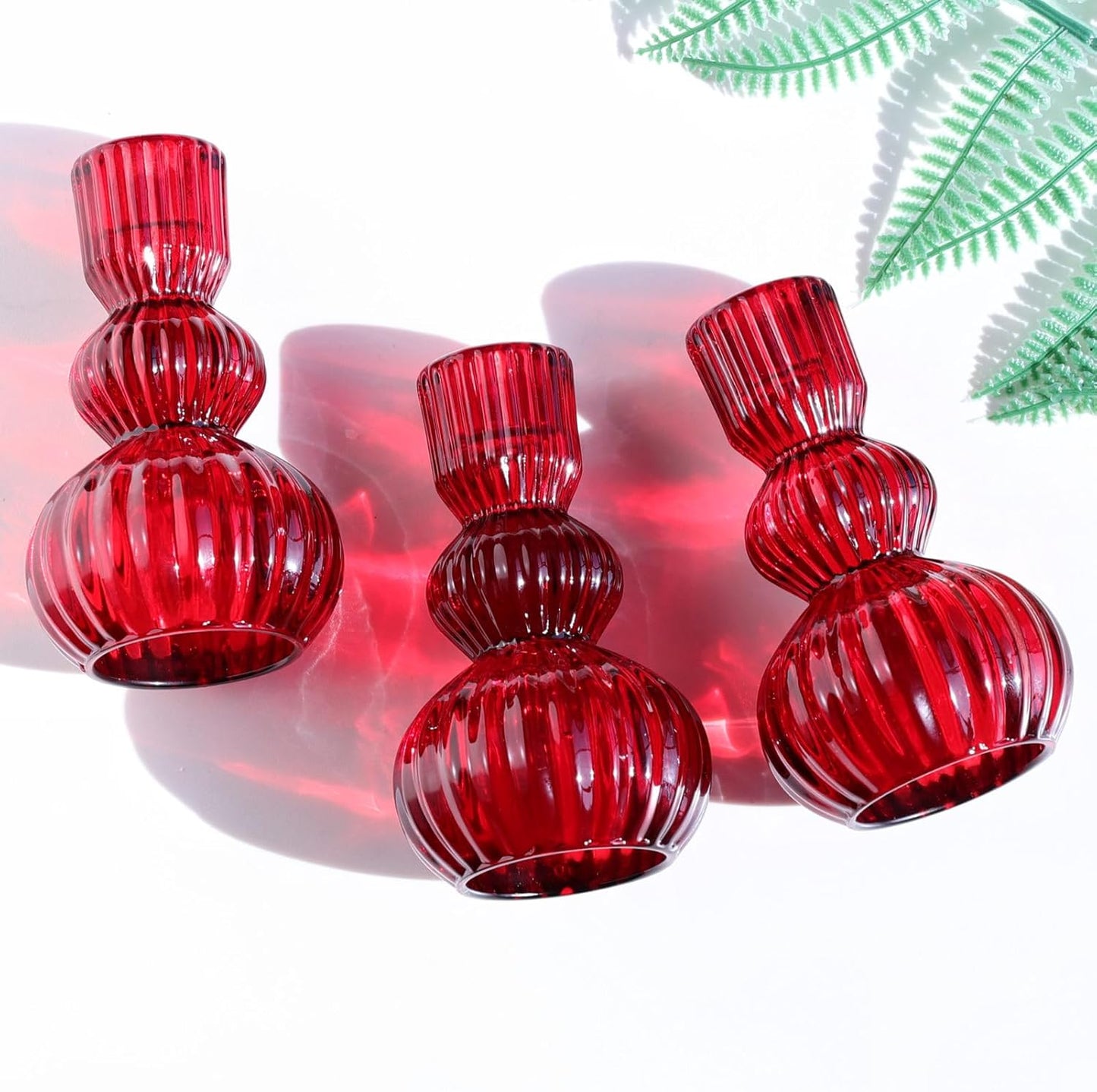 Red Ribbed Glass Candlestick Holders Set of 3, 4.3” Vintage Taper Candle Holders for Valentine’s Day, Christmas & Winter Table Decor
