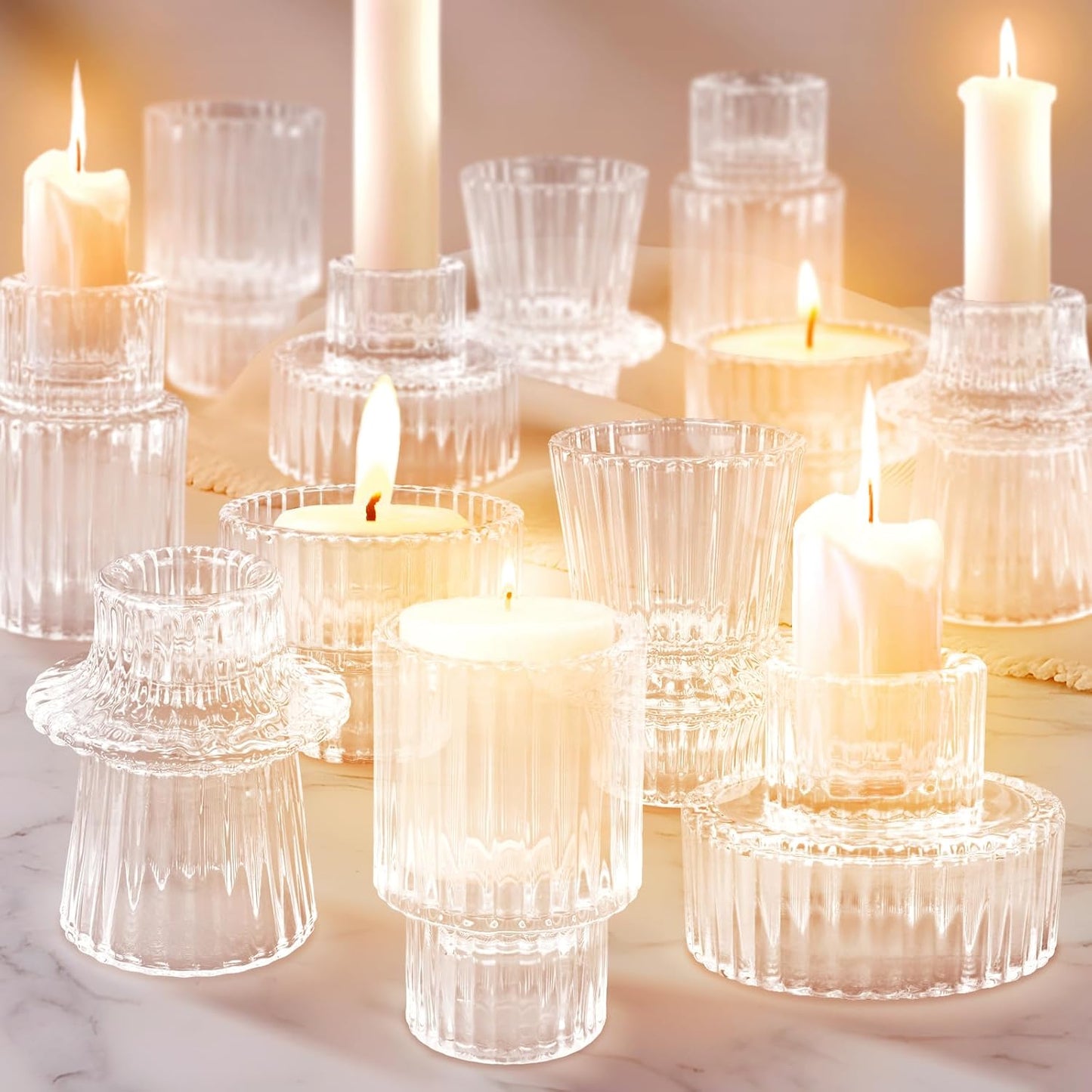 Low Light Glass Candle Holders Set (12 pcs) — Soft Candlelight for Calm Evenings