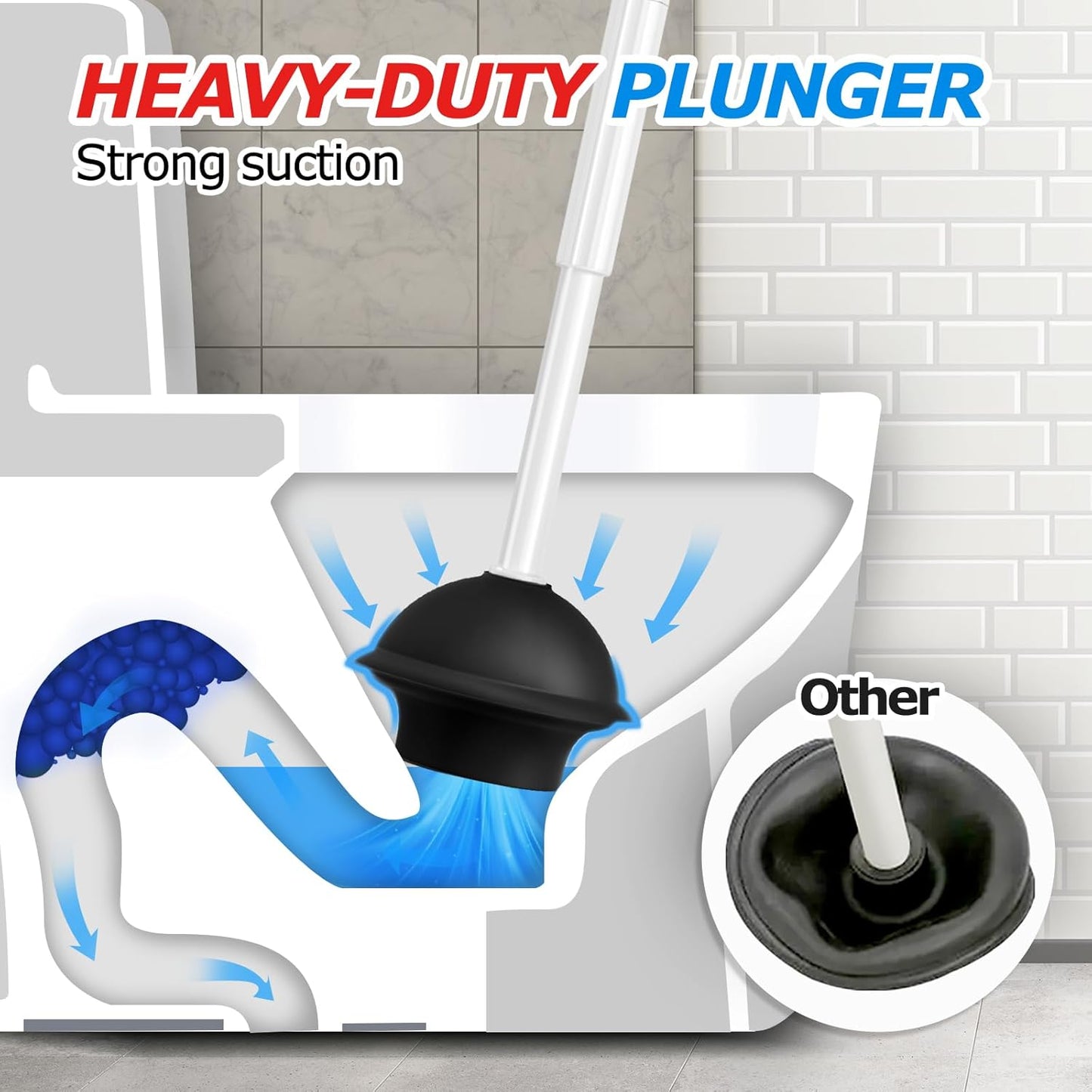2Pack 2 in 1 Toilet Brush and Plunger Set, Extended Handle Plunger，Toilet Bowl Brush Plunger Set,Bathroom Cleaning Tools ，Toilet Brush Plunger Combo，Cleaning Brush，Cleaning Supplies(White)