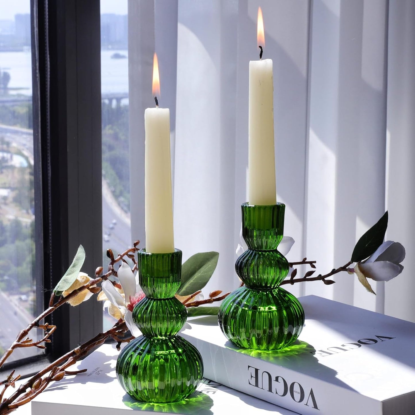 Green Ribbed Glass Taper Candle Holders, Set of 3, Table &amp; Shelf Accent